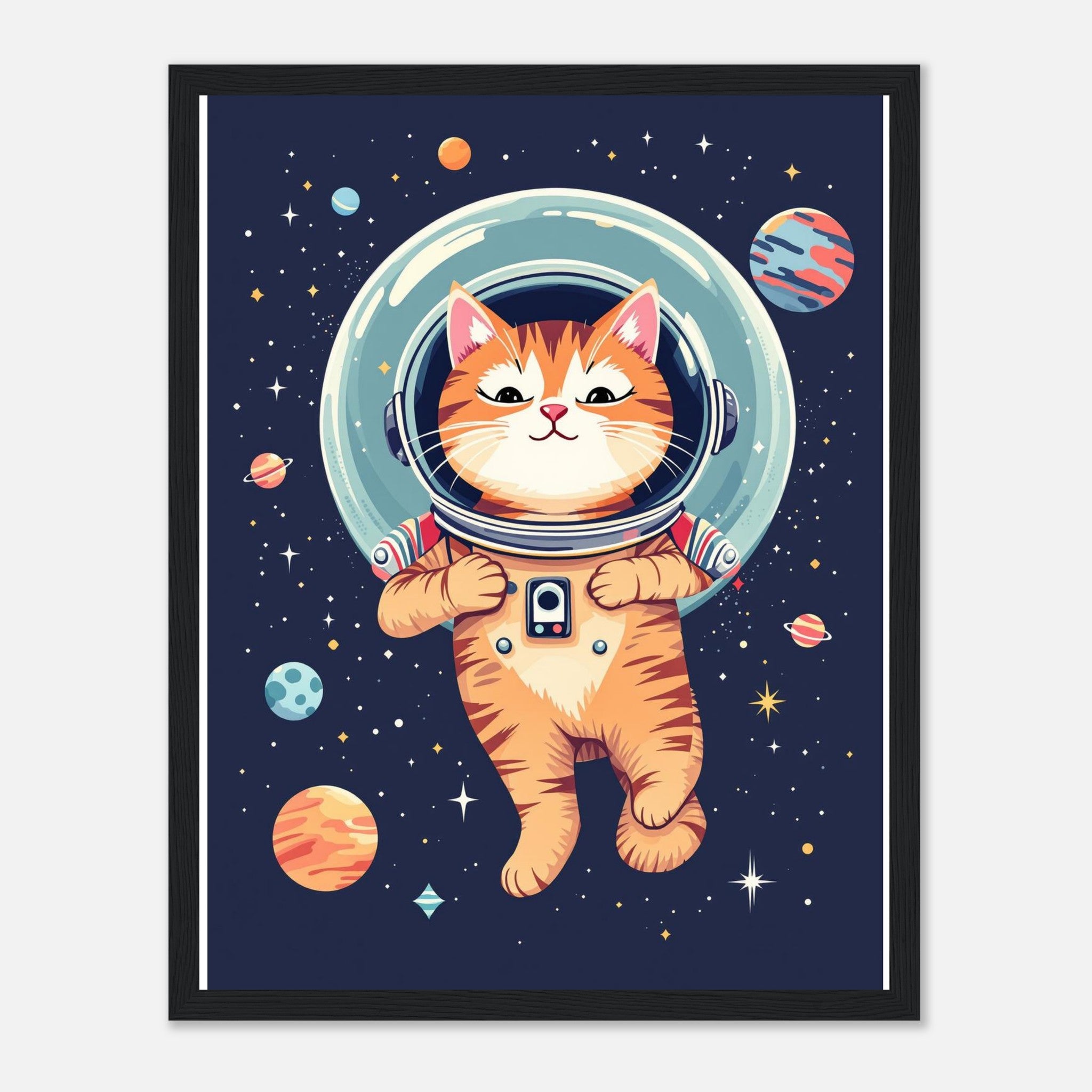 Cat Astronaut Wall Art Ready to Hang UK Framed Art Print — detail view | Wild Thread Co