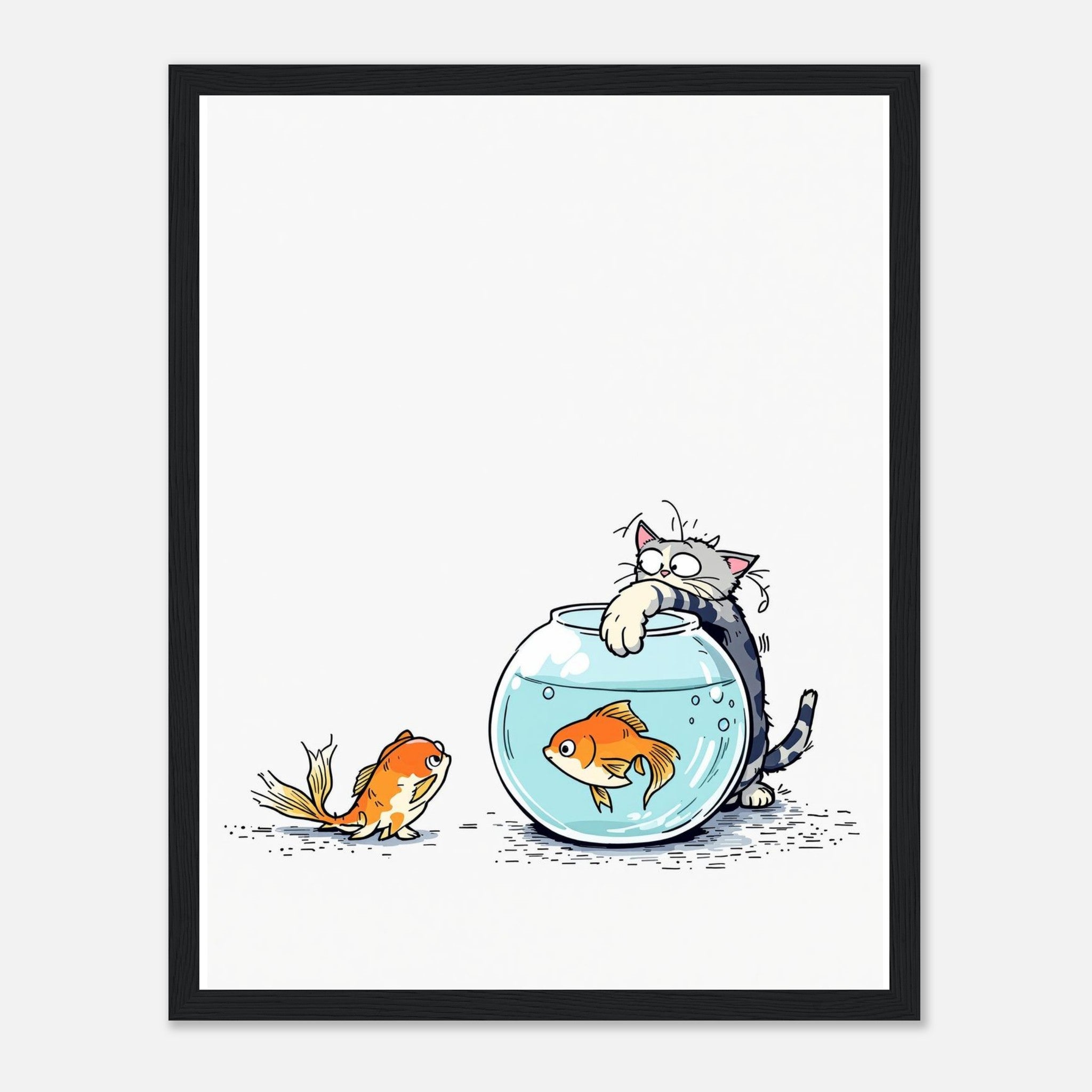 Cat And Fish Bowl Art Wall Art Ready to Hang UK Framed Print H Framed Art Print — detail view | Wild Thread Co