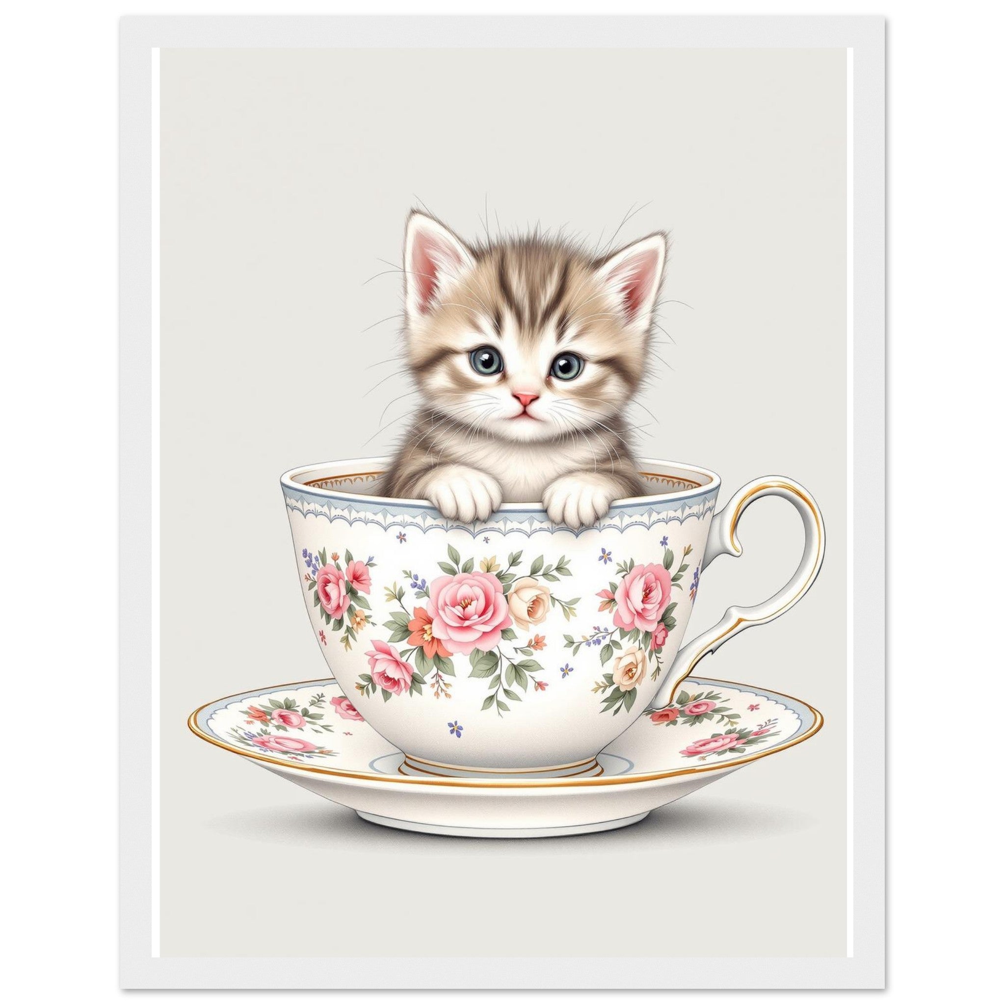 Cat And Teacup Art Wall Art Ready to Hang UK Framed Print Hang Framed Art Print — detail view | Wild Thread Co