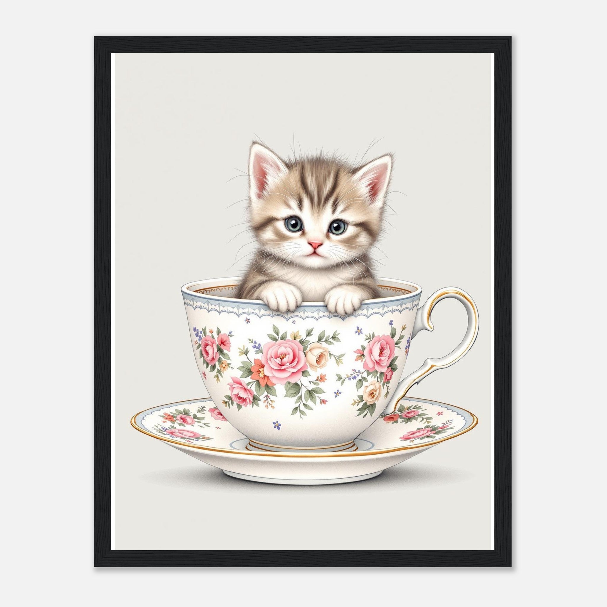 Cat And Teacup Art Wall Art Ready to Hang UK Framed Print Hang Framed Art Print — detail view | Wild Thread Co