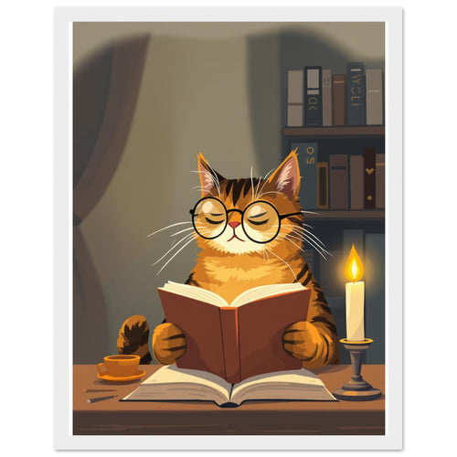 Cat Reading Book Art Wall Art Ready to Hang UK Framed Print Ha Framed Art Print — detail view | Wild Thread Co