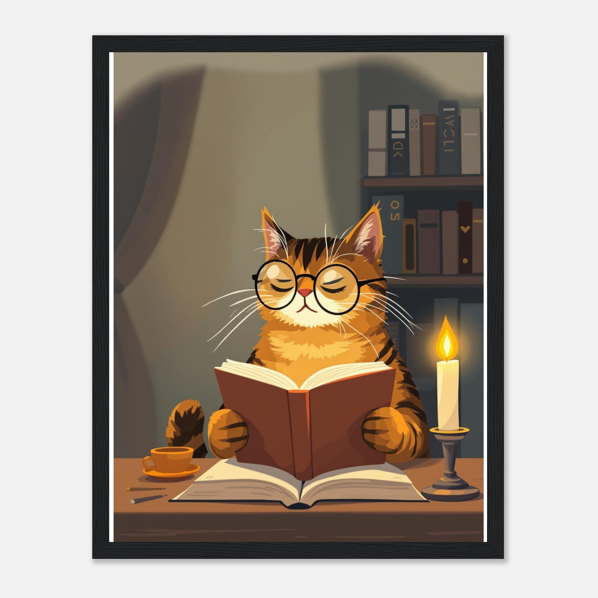 Cat Reading Book Art Wall Art Ready to Hang UK Framed Print Ha Framed Art Print — detail view | Wild Thread Co