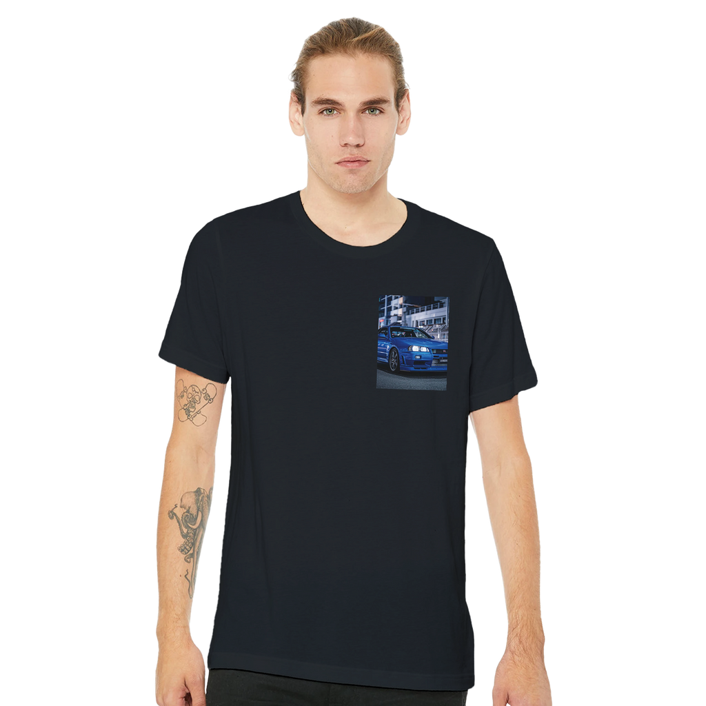 R34 Skyline Midnight T-Shirt — detail view | Wild Thread Co