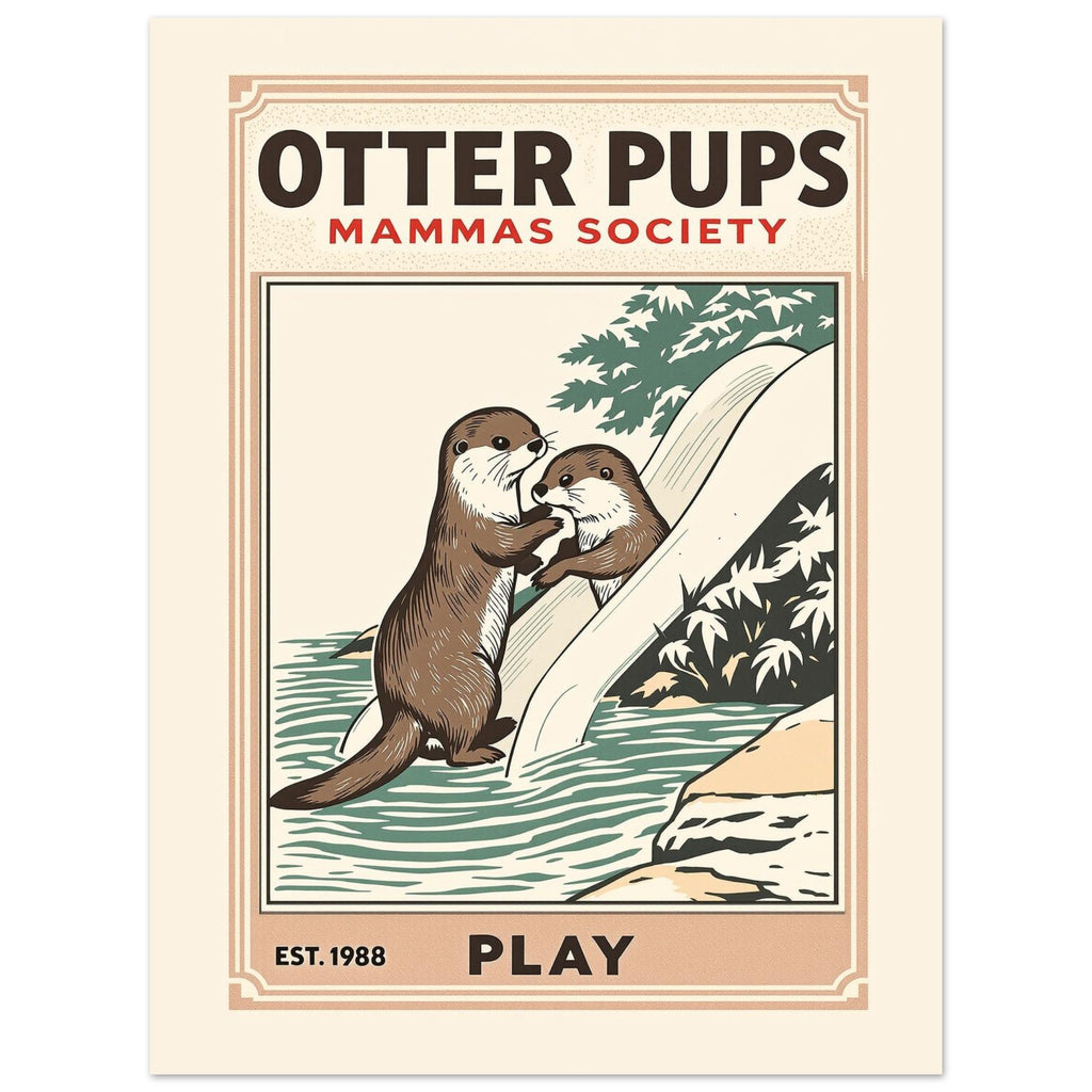 Otter Pups Vintage Travel Poster Art Print — detail view | Wild Thread Co