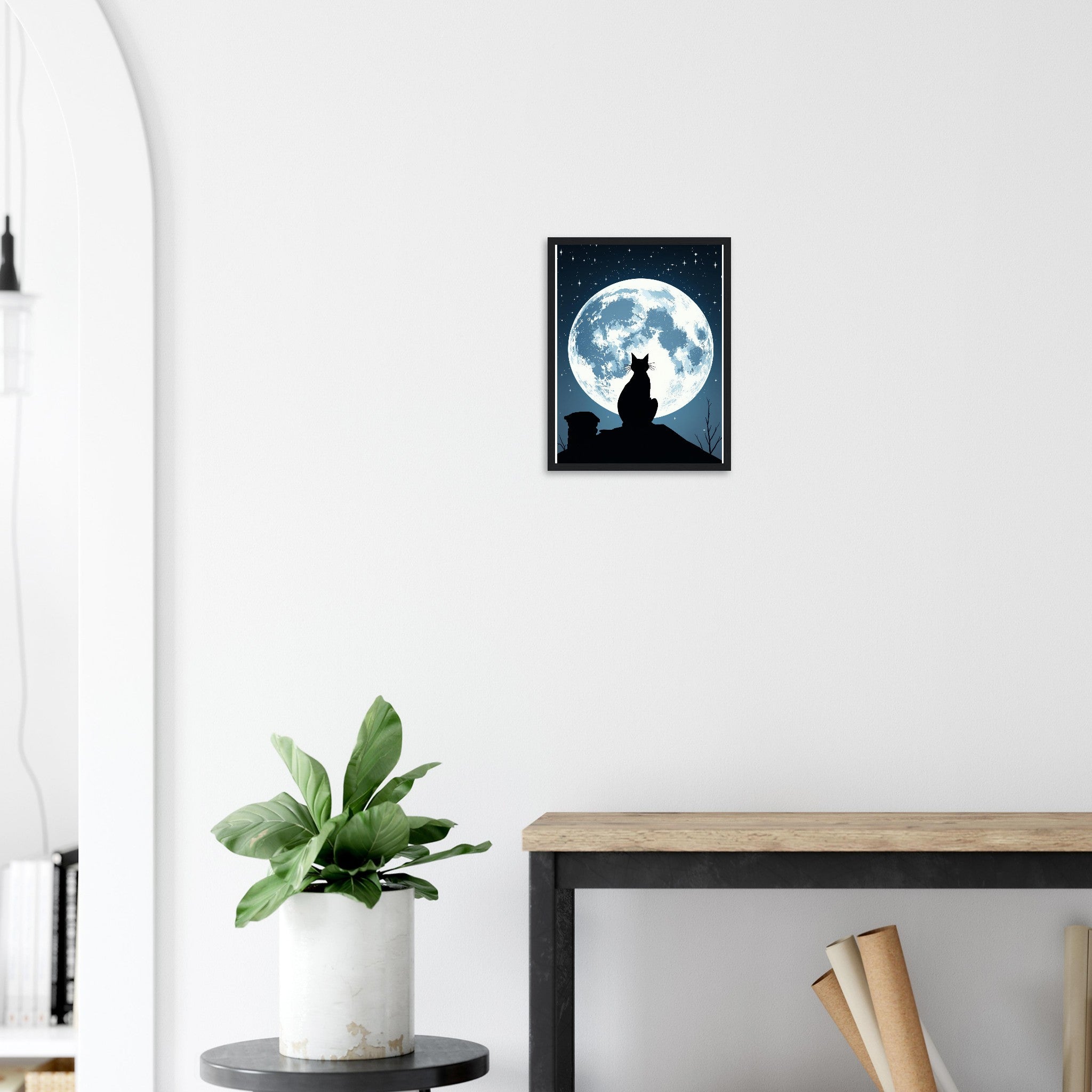 Black Cat Moonlight Framed Print Wall Art Ready to Hang UK Framed Art Print — detail view | Wild Thread Co