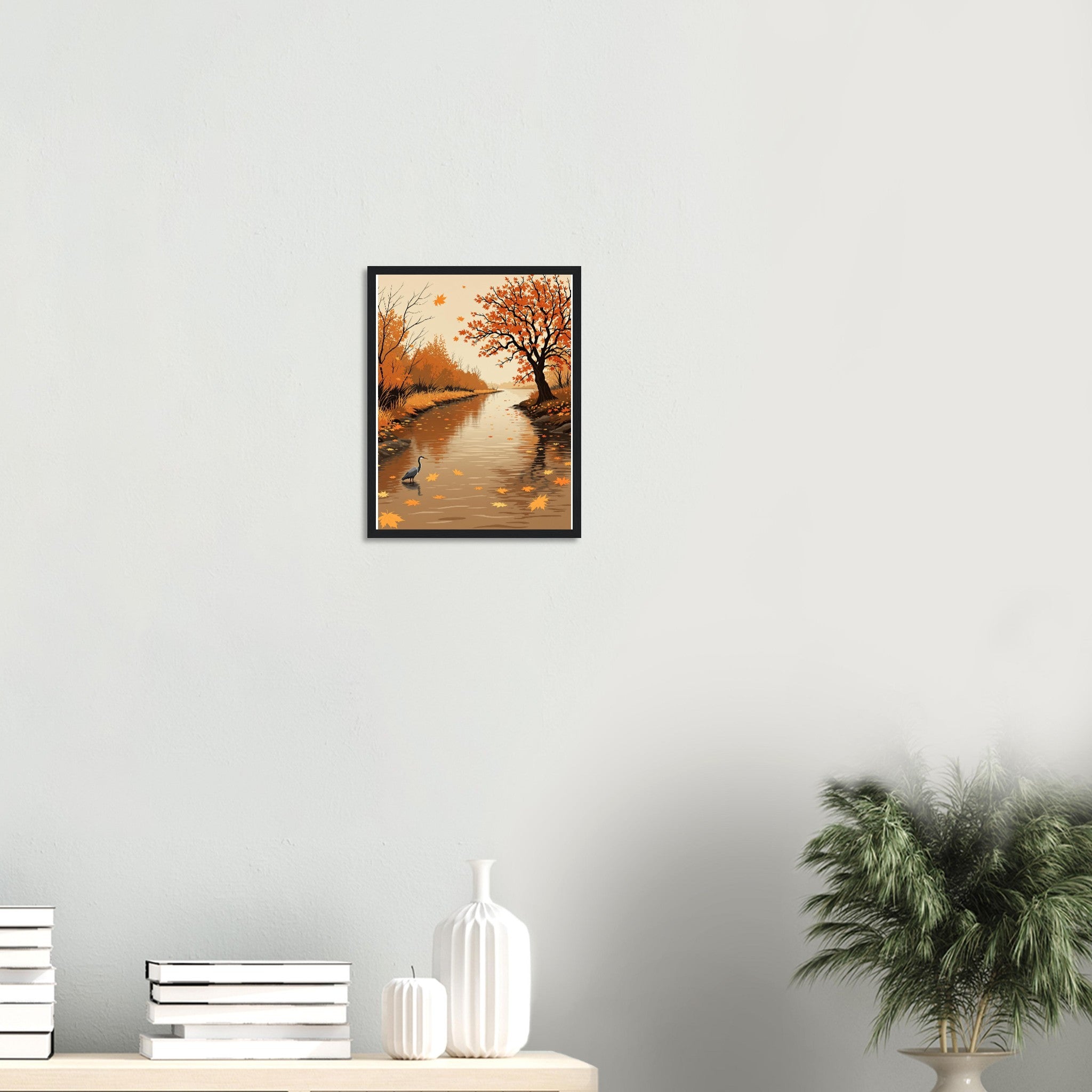 Autumn River Leaves Heron Bronze Framed Print — Framed Art Print | Wild Thread Co