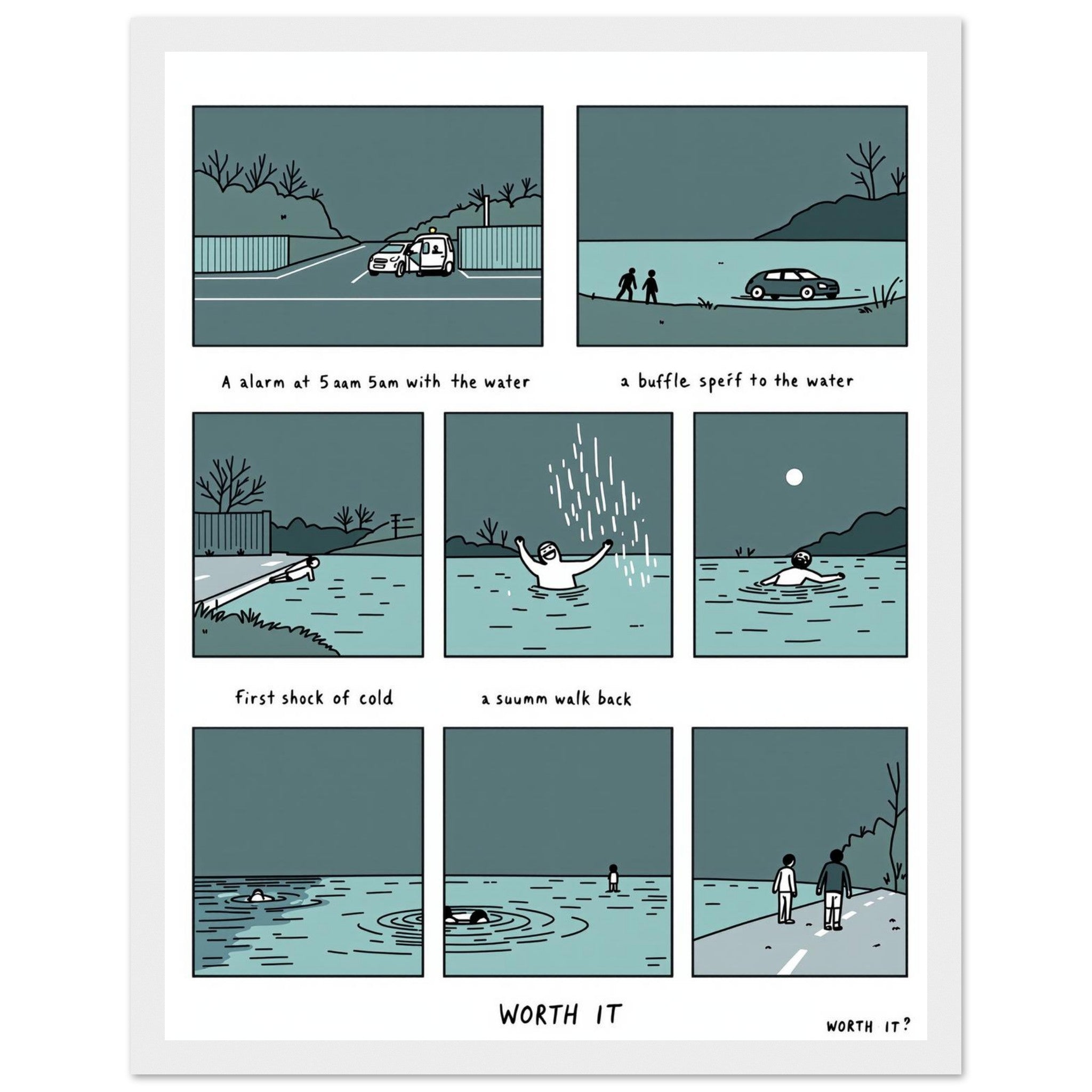 Gorpcore Wild Swimming Morning Ritual Framed Print Wall Art Ready to Framed Art Print — detail view | Wild Thread Co