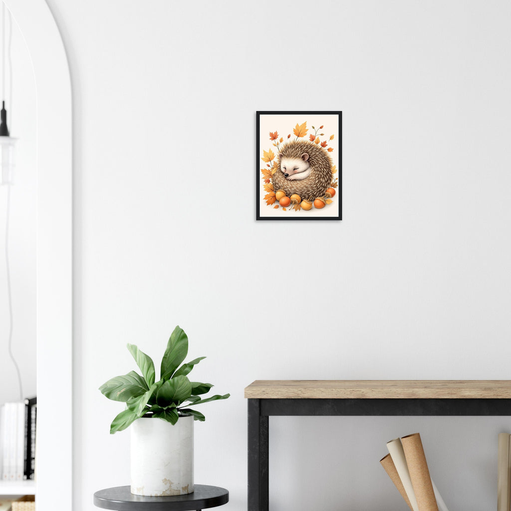 Hedgehog Autumn Framed Print Wall Art Ready to Hang UK Framed Art Print — detail view | Wild Thread Co