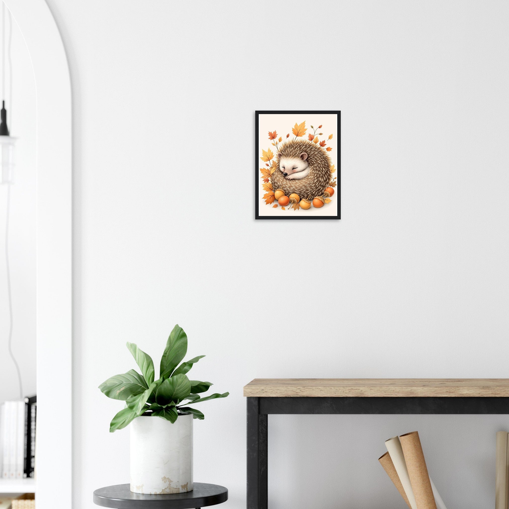 Hedgehog Autumn Framed Print Wall Art Ready to Hang UK Framed Art Print — detail view | Wild Thread Co