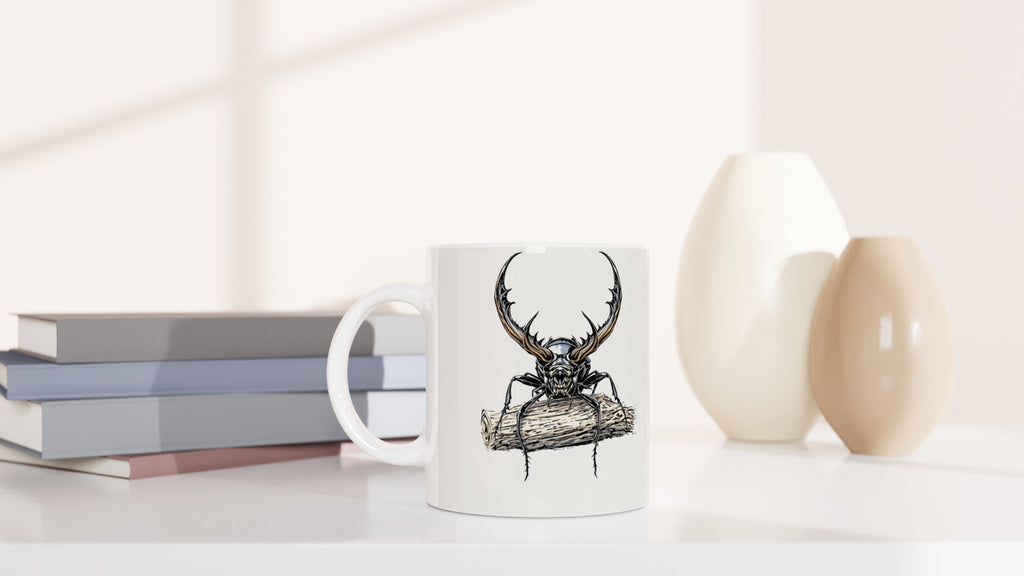 Stag Beetle Oak Log Mug — detail view | Wild Thread Co