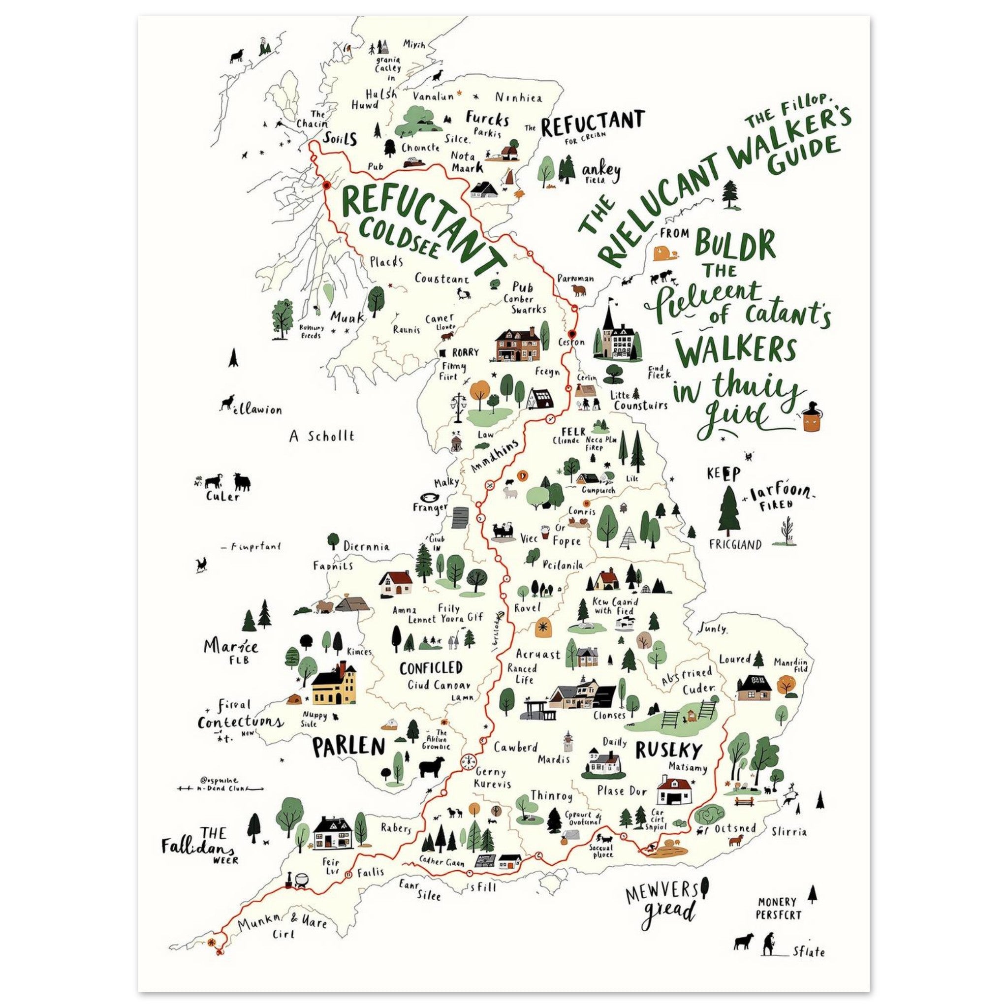 The Reluctant Walker's Guide Dog Walking British Countryside T-Shirt Unisex Cott T-Shirt — detail view | Wild Thread Co