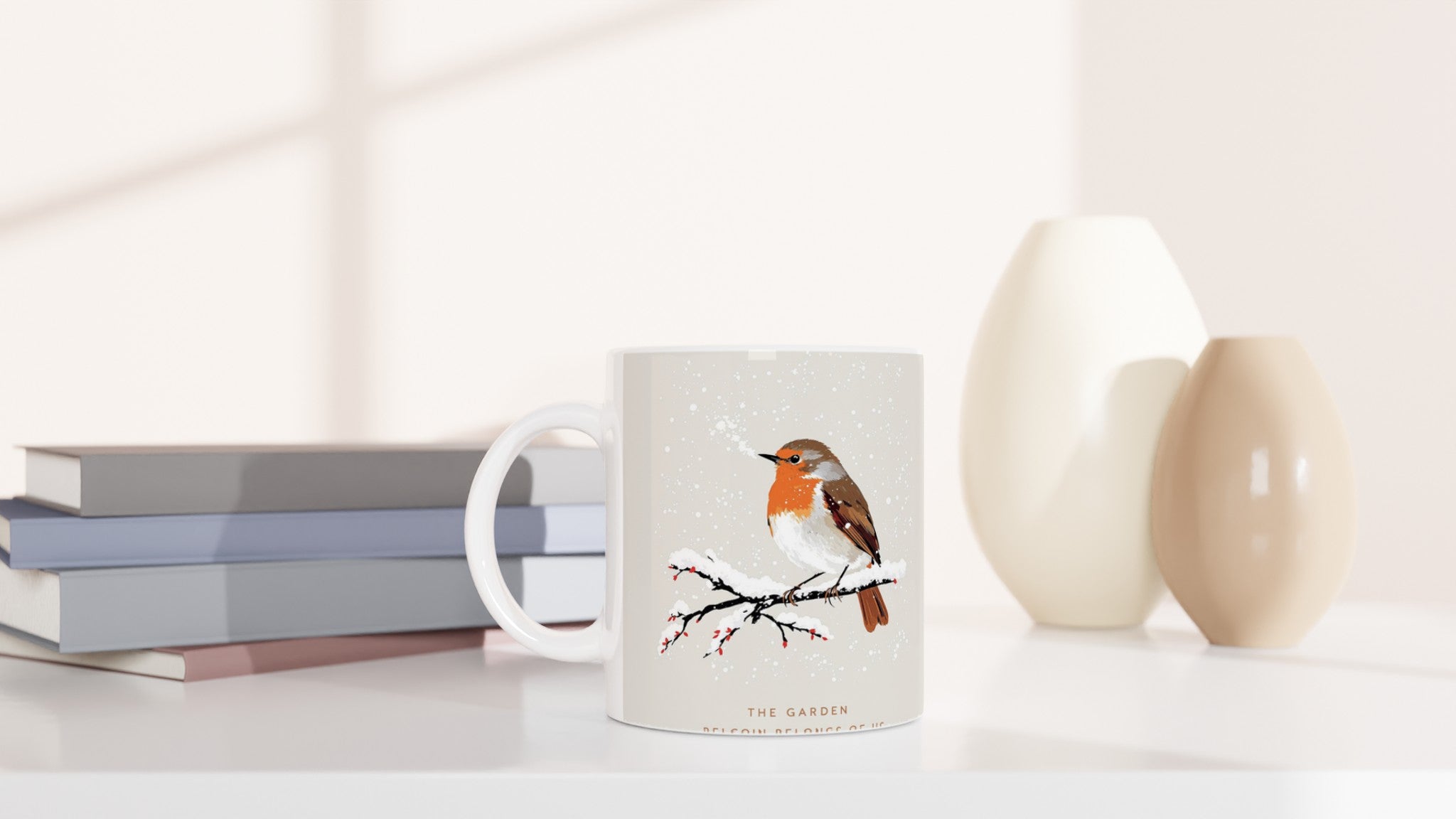 Winter Robin Snow Garden Mug — detail view | Wild Thread Co