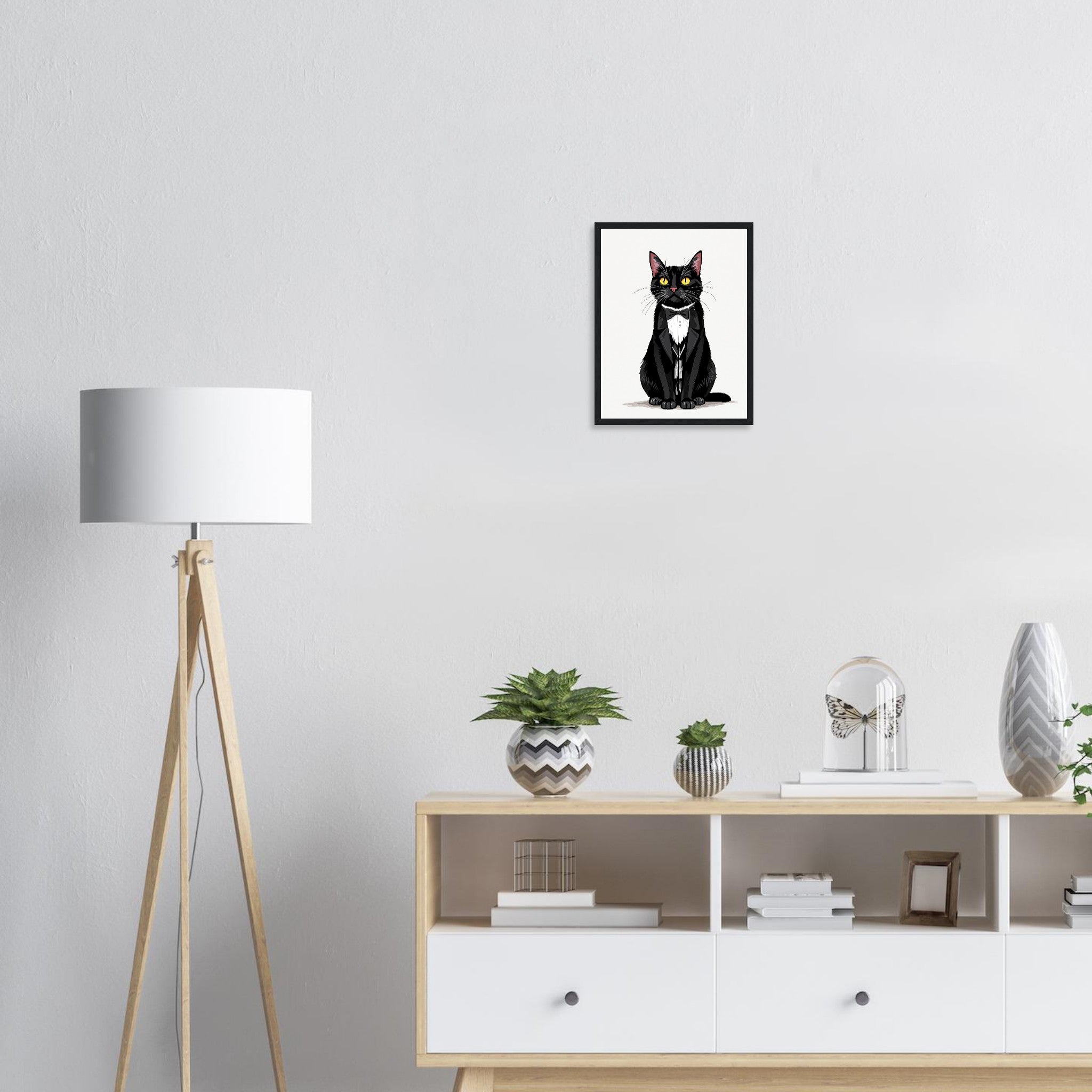 Tuxedo Cat Gentleman Art Framed Print Wall Art Ready to Hang UK Framed Art Print — detail view | Wild Thread Co