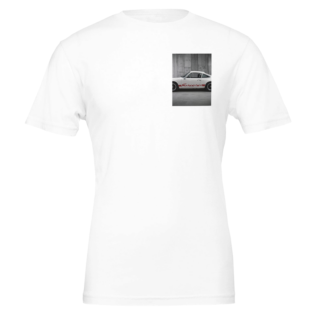 Porsche Carrera Rs 2.7 White Ducktail T-Shirt — detail view | Wild Thread Co