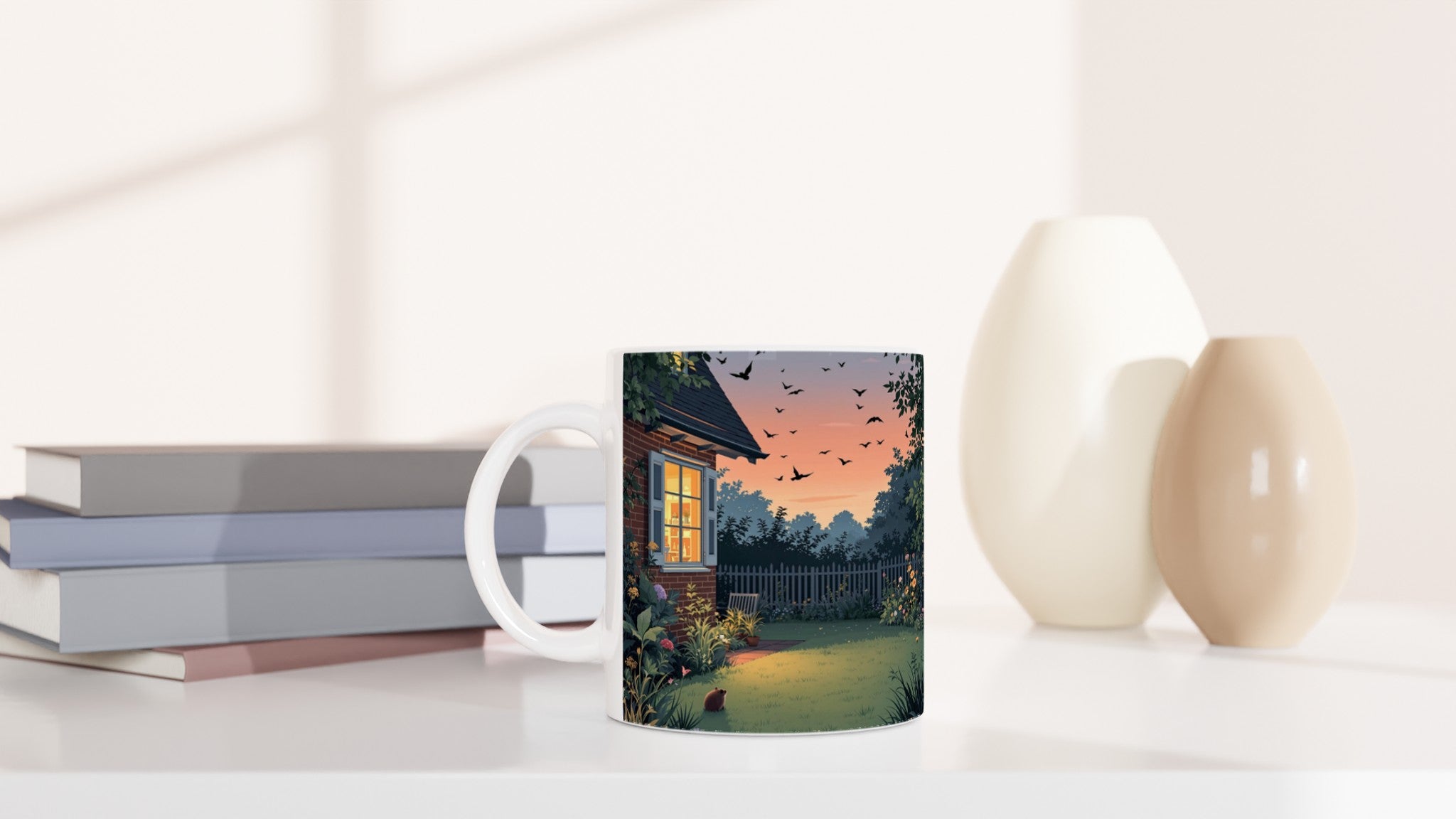 Garden At Dusk Bats Swallows Hedgehog Mug — detail view | Wild Thread Co