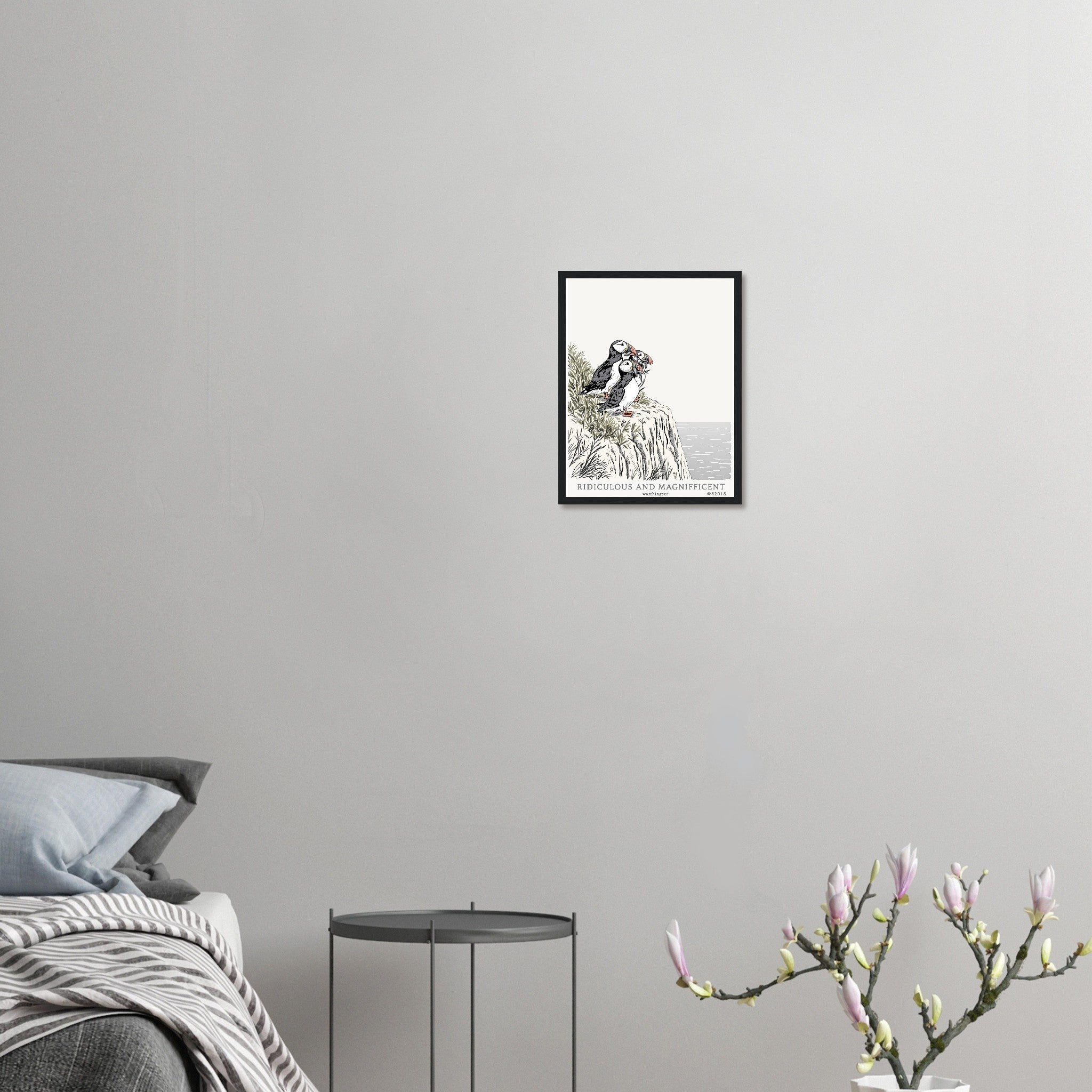 Puffin Colony Framed Print Wall Art Ready to Hang UK Framed Art Print — detail view | Wild Thread Co