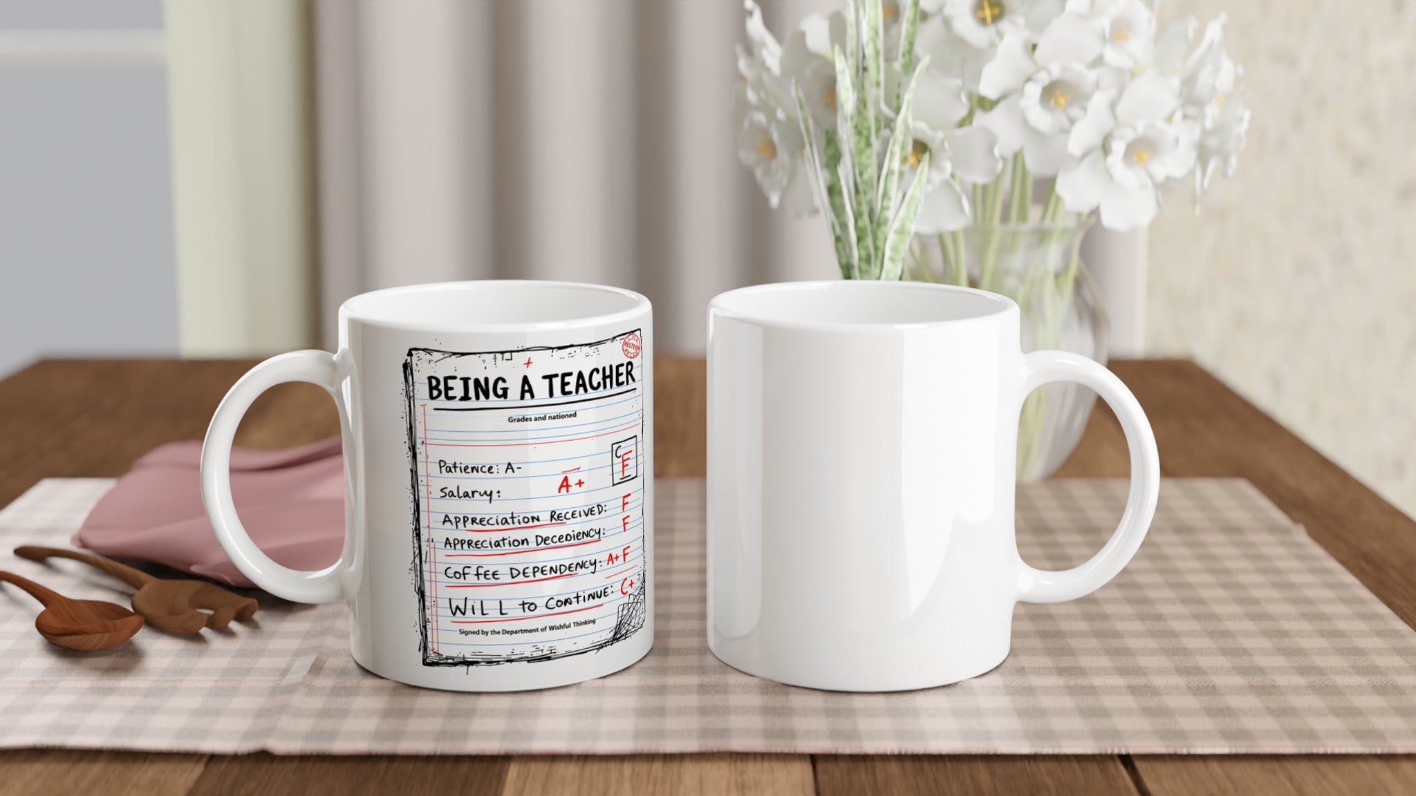 Teacher School Report Card Spoof Coffee Tea Ceramic 11oz Mug — detail view | Wild Thread Co