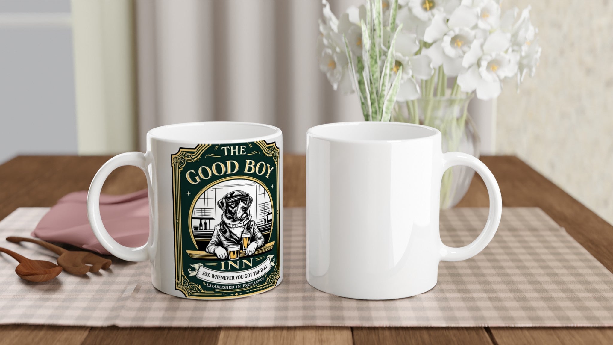 The Good Boy Inn Dog Dad Pub Shirt Mug — detail view | Wild Thread Co