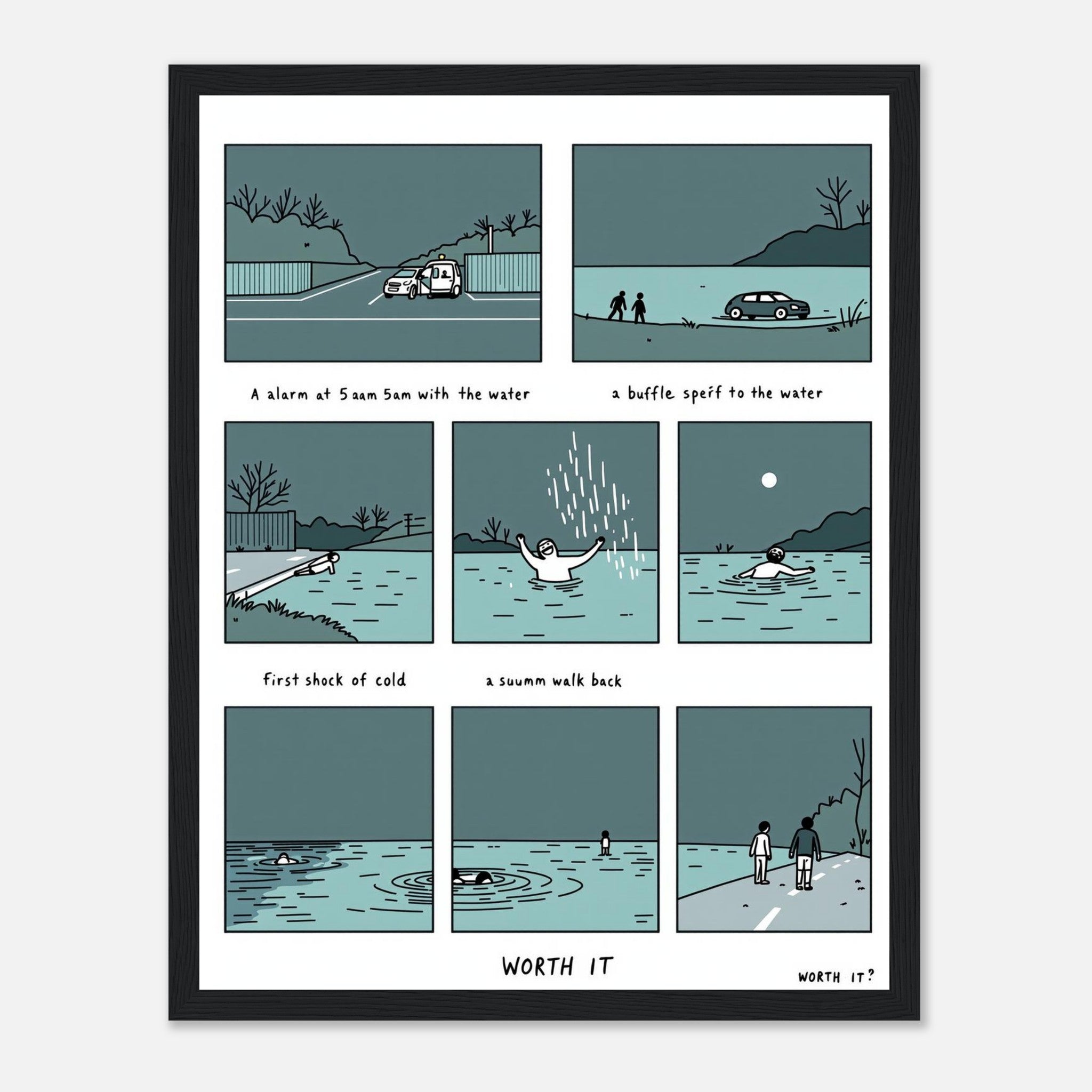 Gorpcore Wild Swimming Morning Ritual Framed Print Wall Art Ready to Framed Art Print — detail view | Wild Thread Co