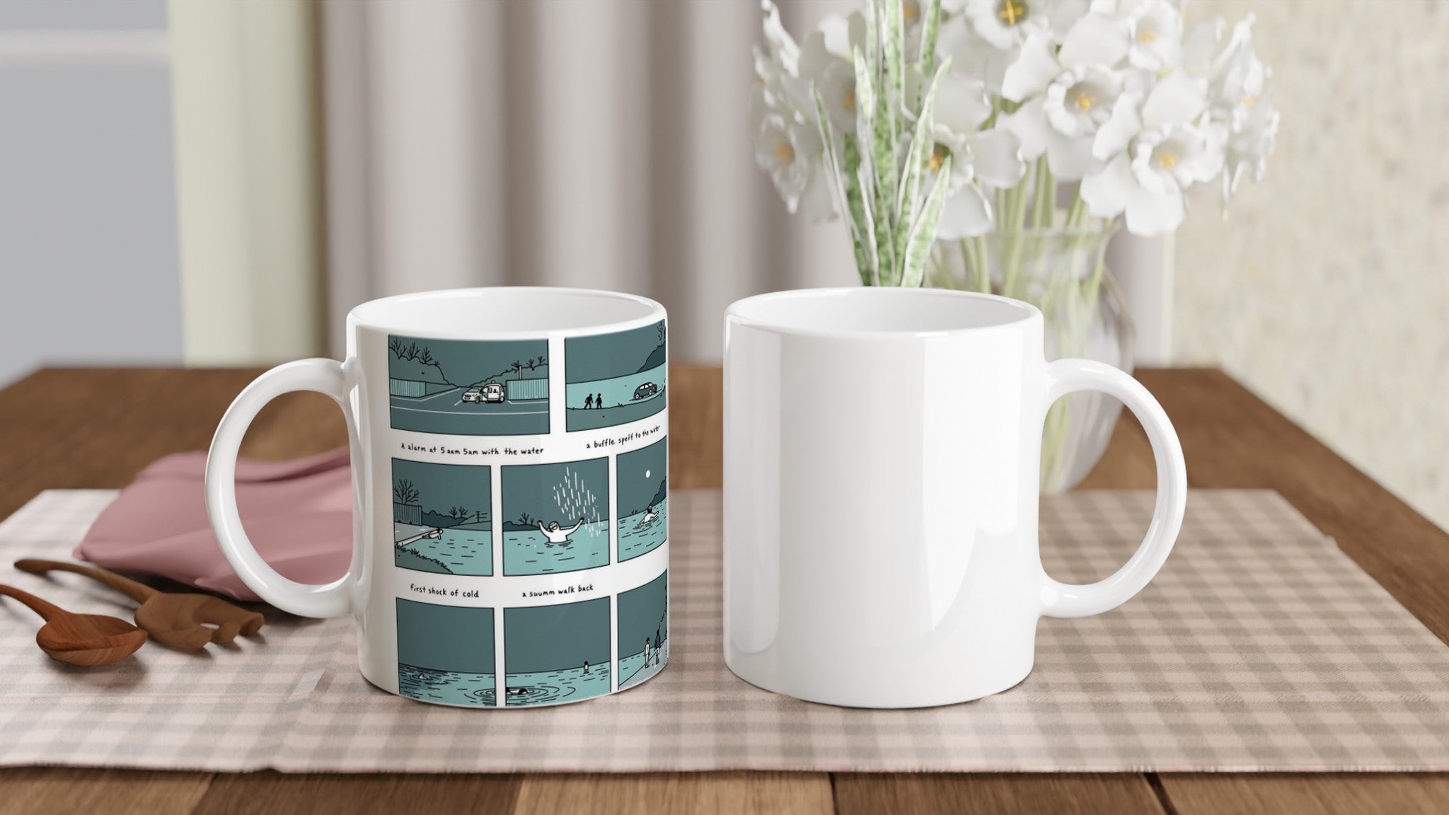 Wild Swimming Morning Ritual Comic Strip Coffee Tea Ceramic 11oz UK Mug — detail view | Wild Thread Co
