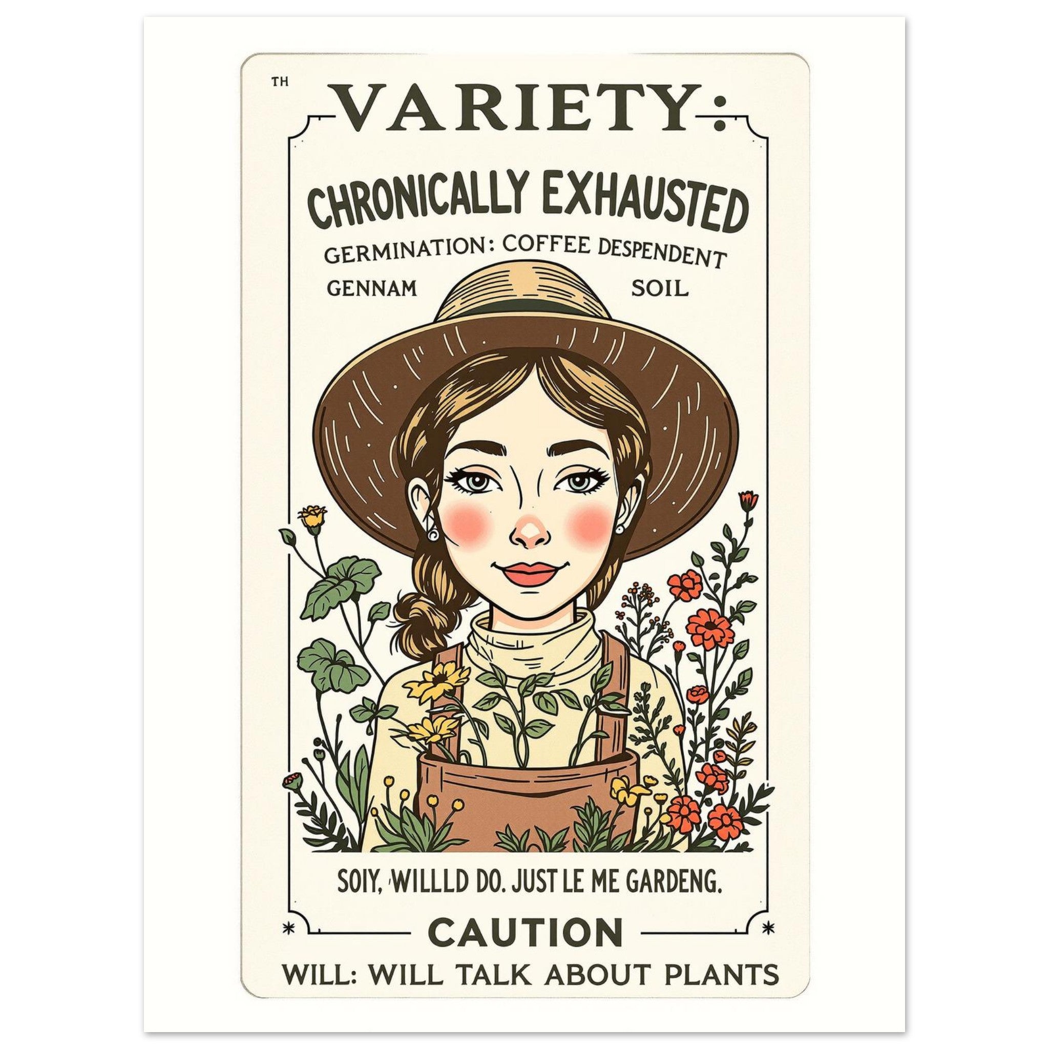 Chronically Exhausted Gardener Seed Packet Art Wall Art UK Gift Art Art Print Po Art Print — detail view | Wild Thread Co