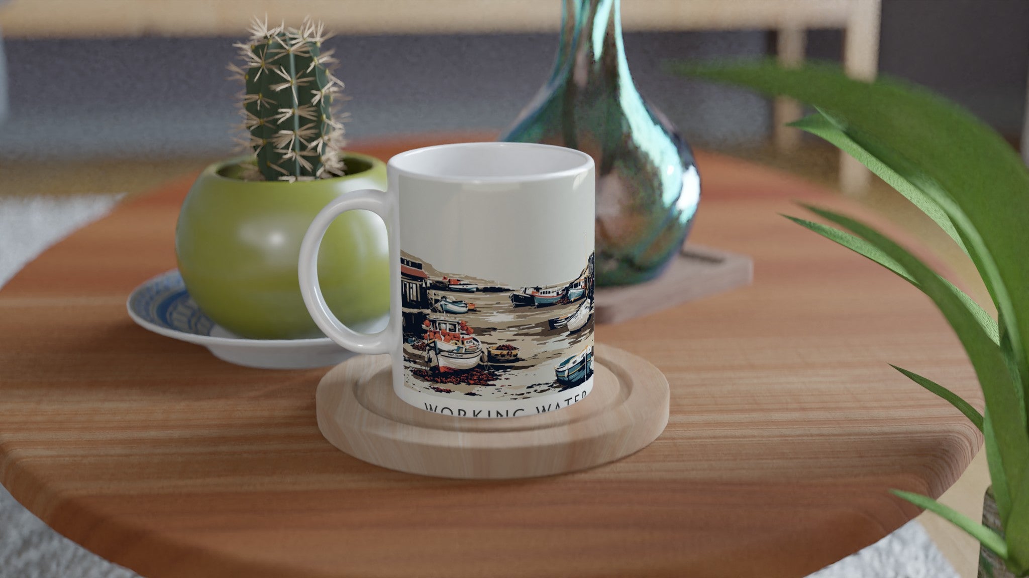 Fishing Harbour Low Tide Coffee Tea Ceramic 11oz Mug UK Mug — detail view | Wild Thread Co