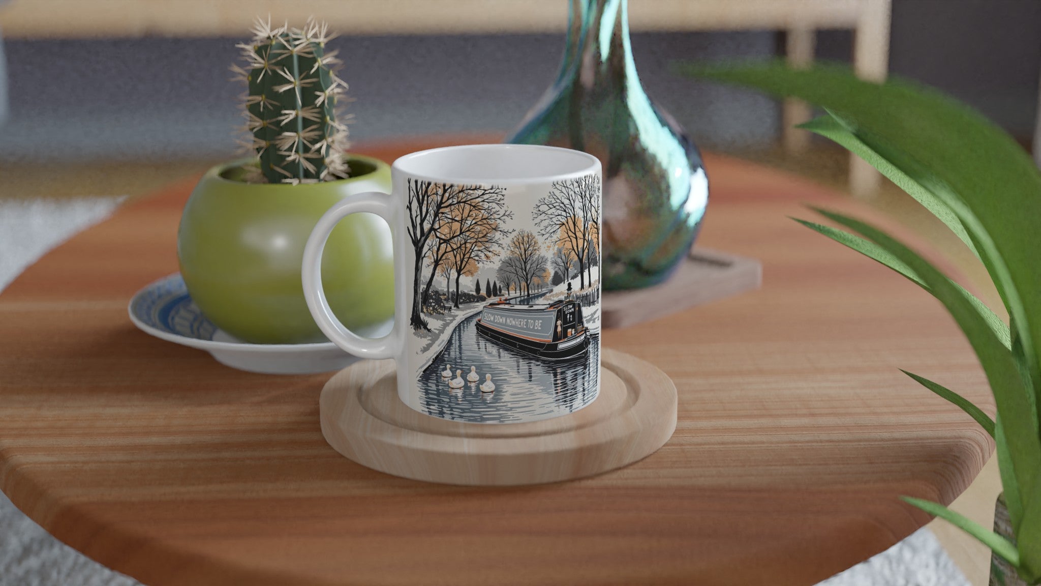 Canal Narrowboat Slow Down Coffee Tea Ceramic 11oz Mug — detail view | Wild Thread Co