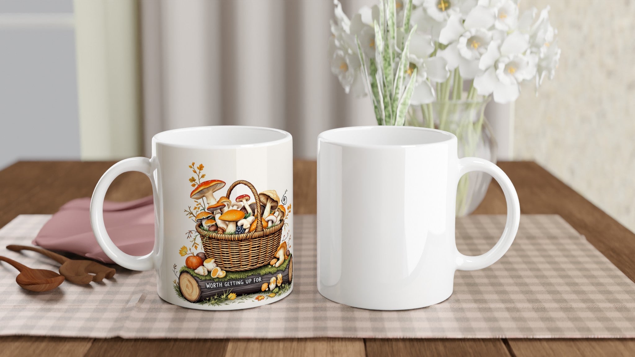Foraged Mushroom Basket Coffee Tea Ceramic 11oz Mug UK Mug — detail view | Wild Thread Co