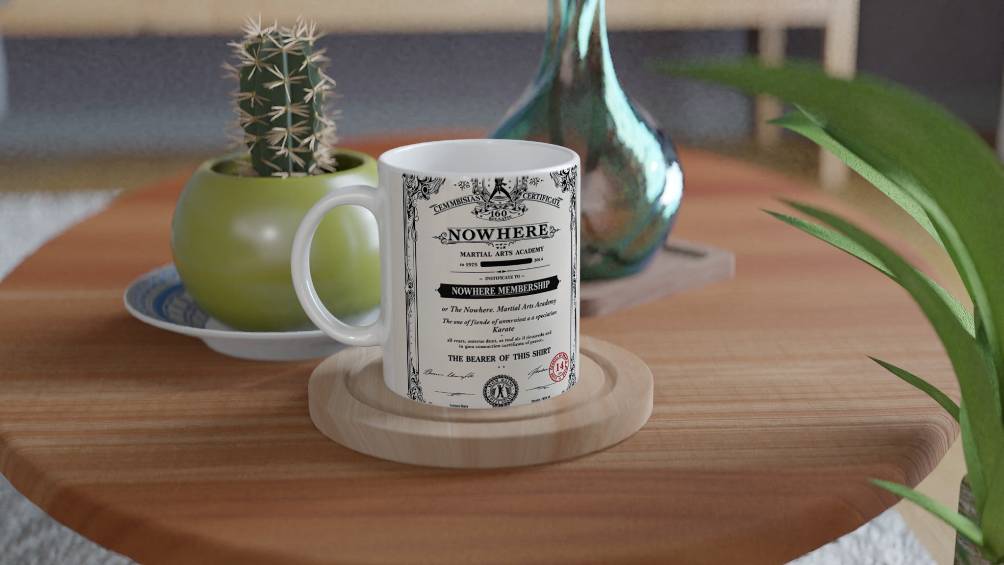 Retro 1970s Martial Arts Dojo Certificate Coffee Tea Ceramic 11oz UK Mug — detail view | Wild Thread Co