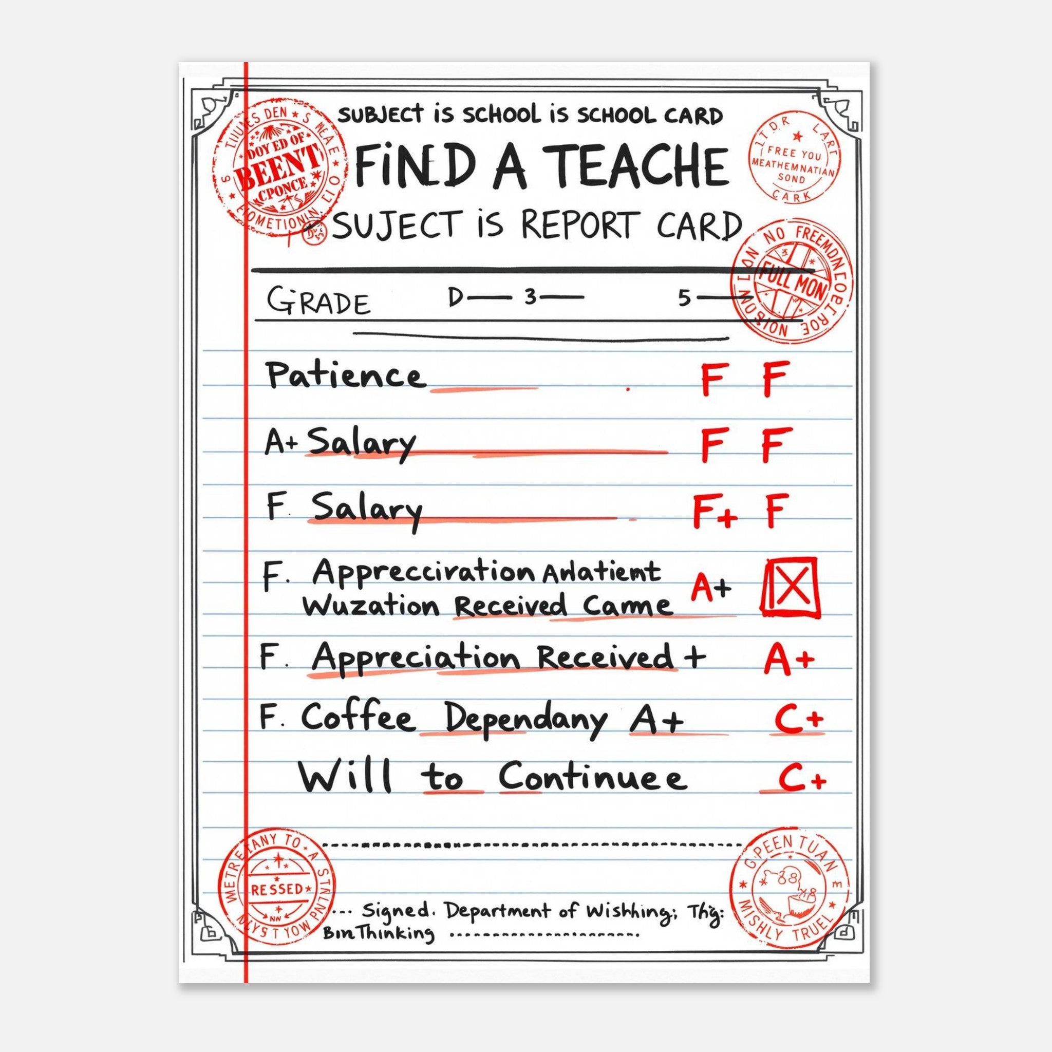 Funny Teacher Report Card Art Wall Art UK Art UK Gift Art Print Art Print — detail view | Wild Thread Co