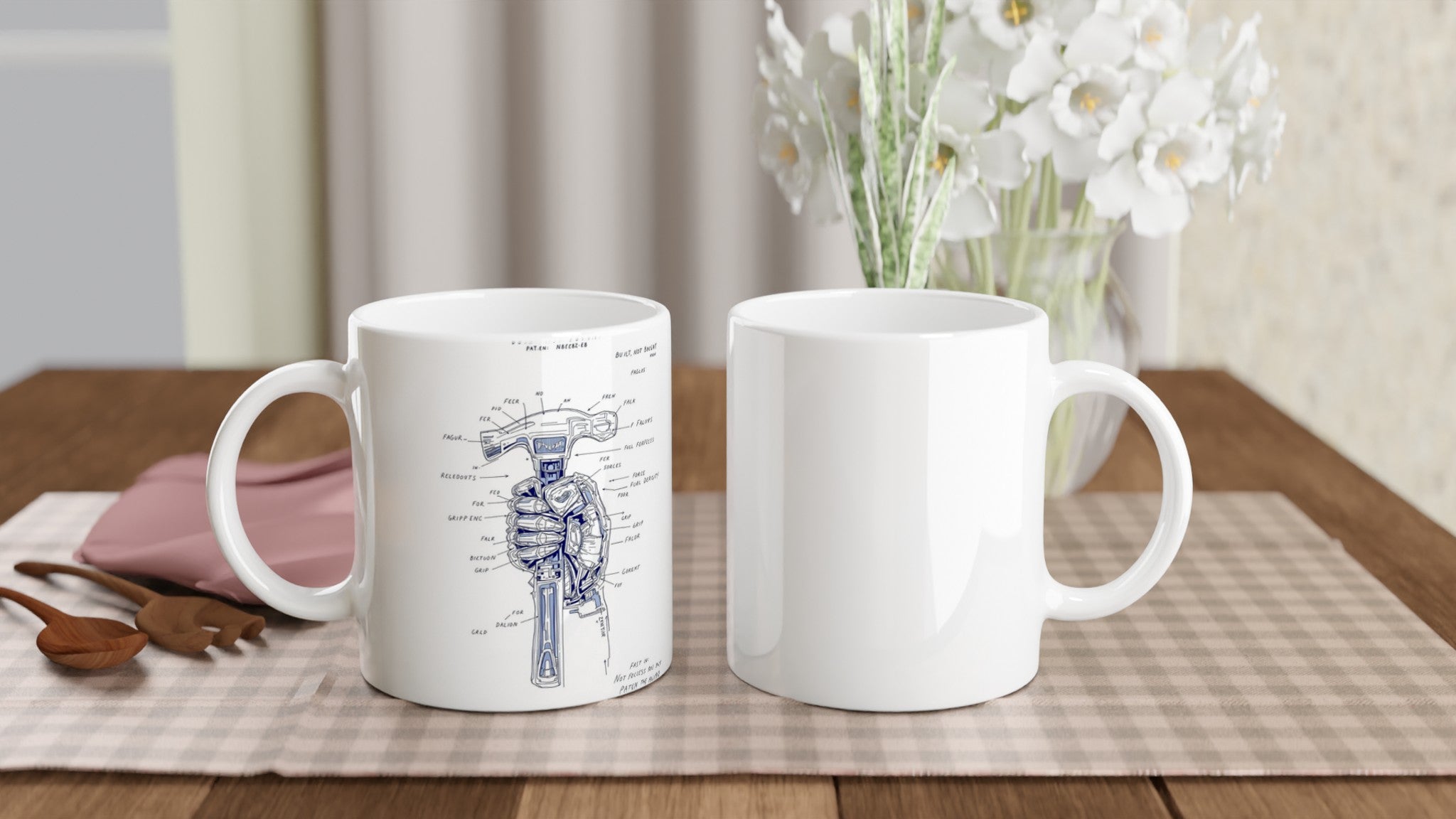 Builder Patent Drawing Hands Coffee Tea Ceramic 11oz Mug — detail view | Wild Thread Co