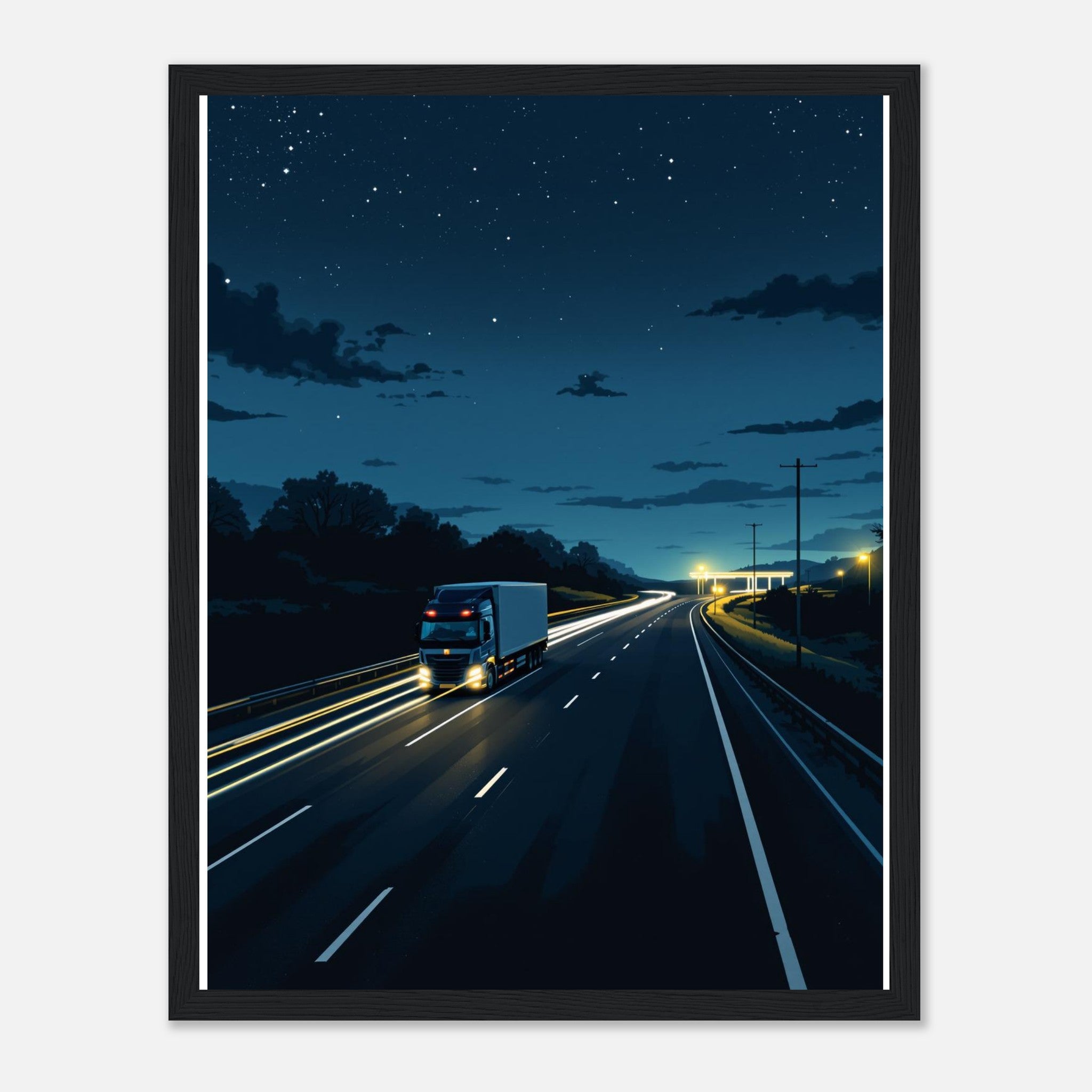 Lorry Driver Night Motorway Wall Art Ready to Hang UK Framed Art Print — detail view | Wild Thread Co
