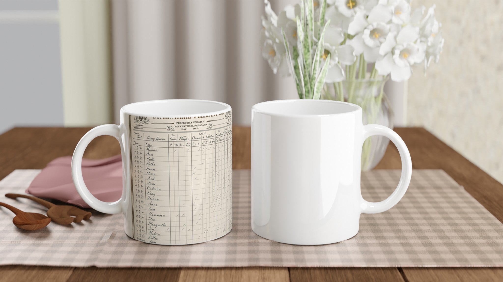 Edwardian Cricket Scorecard Coffee Tea Ceramic 11oz Mug — detail view | Wild Thread Co