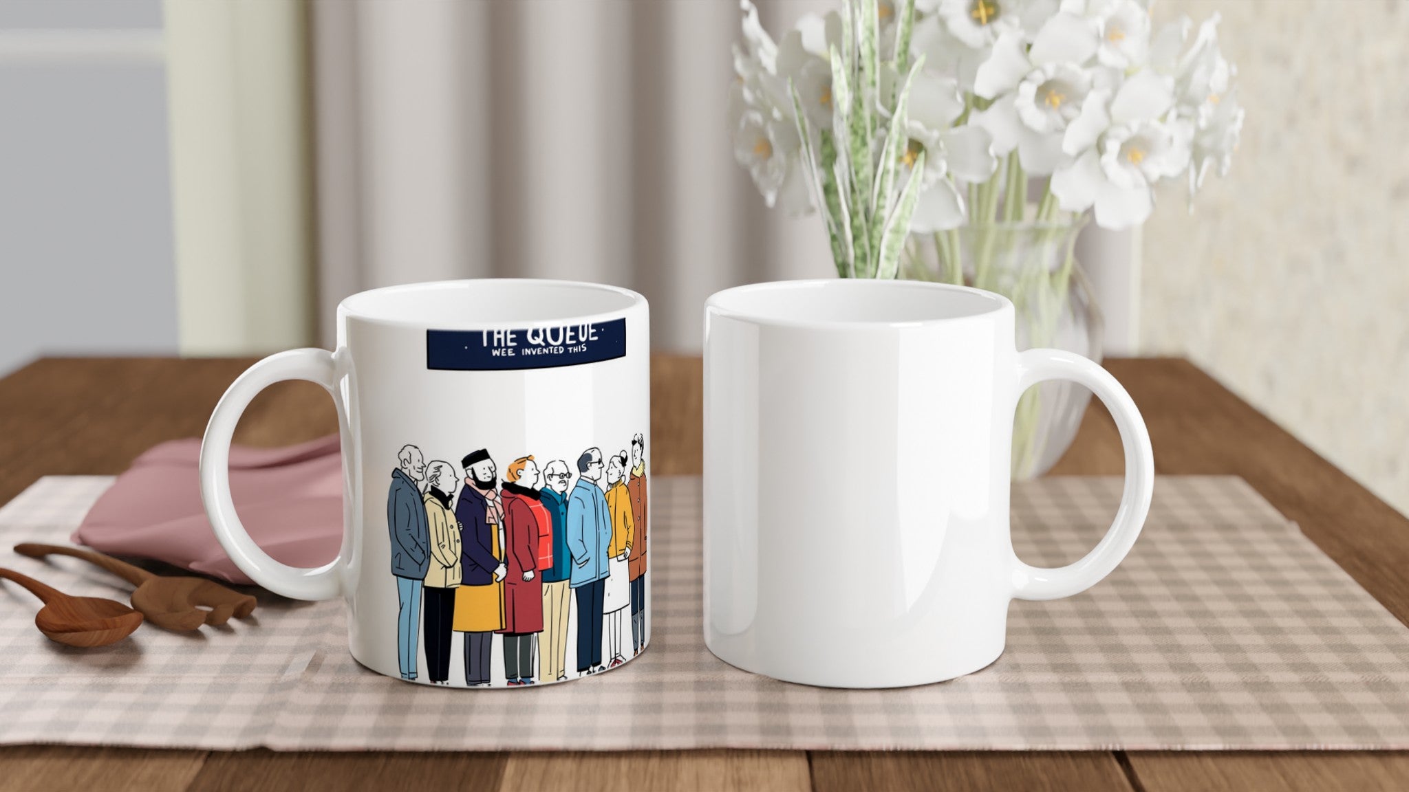 Queue As Institution Coffee Tea Ceramic 11oz Mug UK Gift Mug — detail view | Wild Thread Co