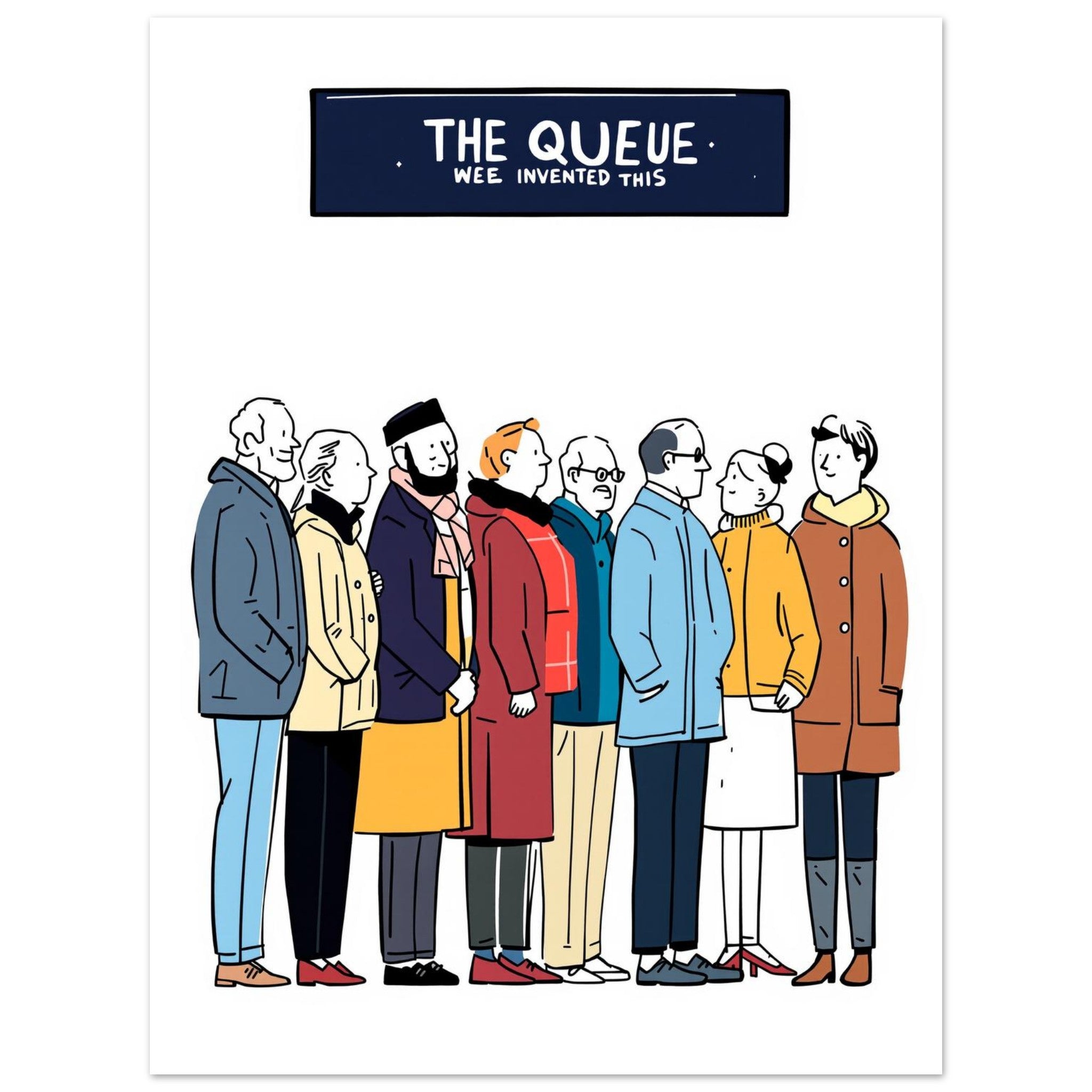 The Queue British Humour A1 Art Wall Art UK Art UK Gift Art Print Poster Wall Ar Art Print — detail view | Wild Thread Co