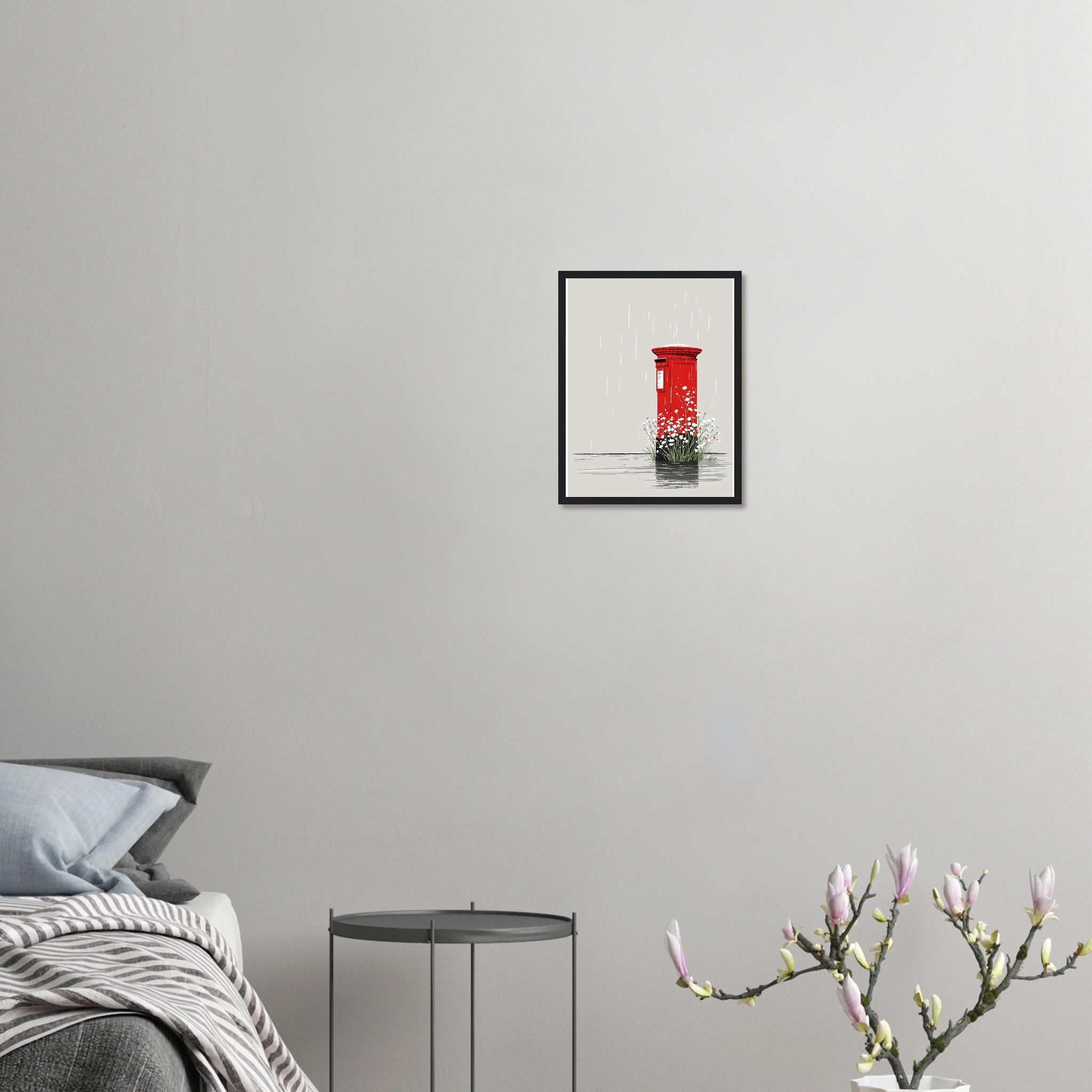 Red Postbox In The Rain Wall Art Ready to Hang UK Framed Art Print — detail view | Wild Thread Co