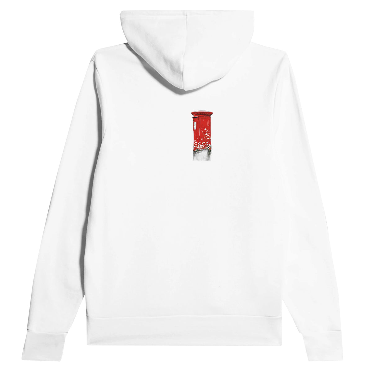 Red Postbox In The Rain Hoodie Pullover Unisex Cotton UK Hoodie — detail view | Wild Thread Co