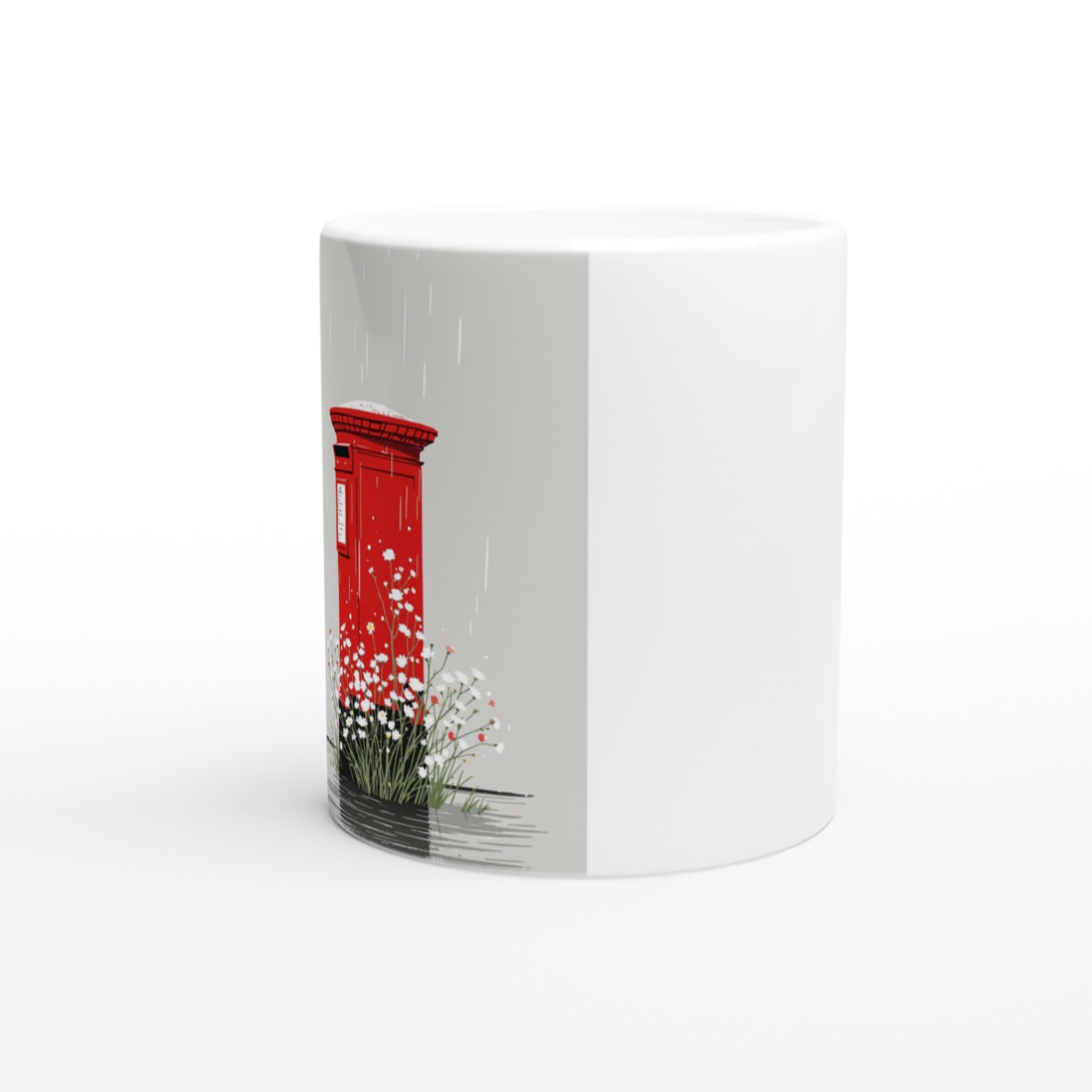Red Postbox In The Rain Coffee Tea Ceramic 11oz Mug UK Mug — detail view | Wild Thread Co