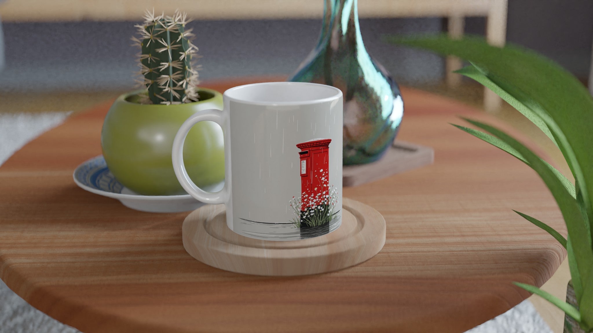 Red Postbox In The Rain Coffee Tea Ceramic 11oz Mug UK Mug — detail view | Wild Thread Co