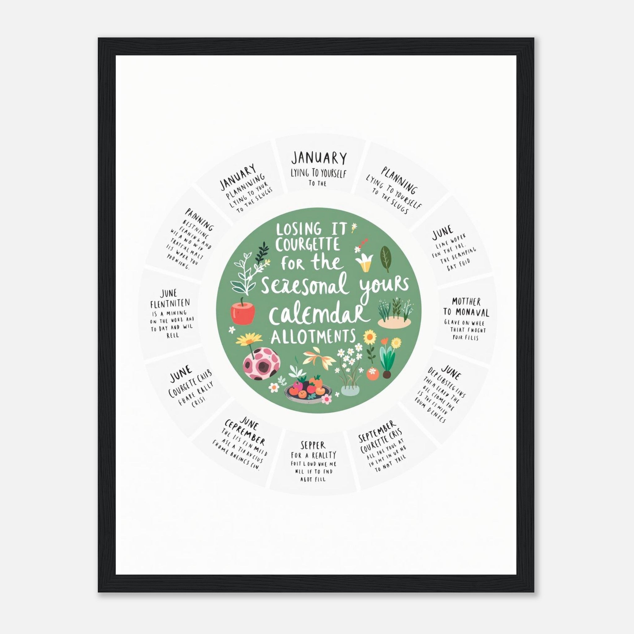 Allotment Circular Seasonal Calendar Wall Art Ready to Hang UK Framed Framed Art Print — detail view | Wild Thread Co