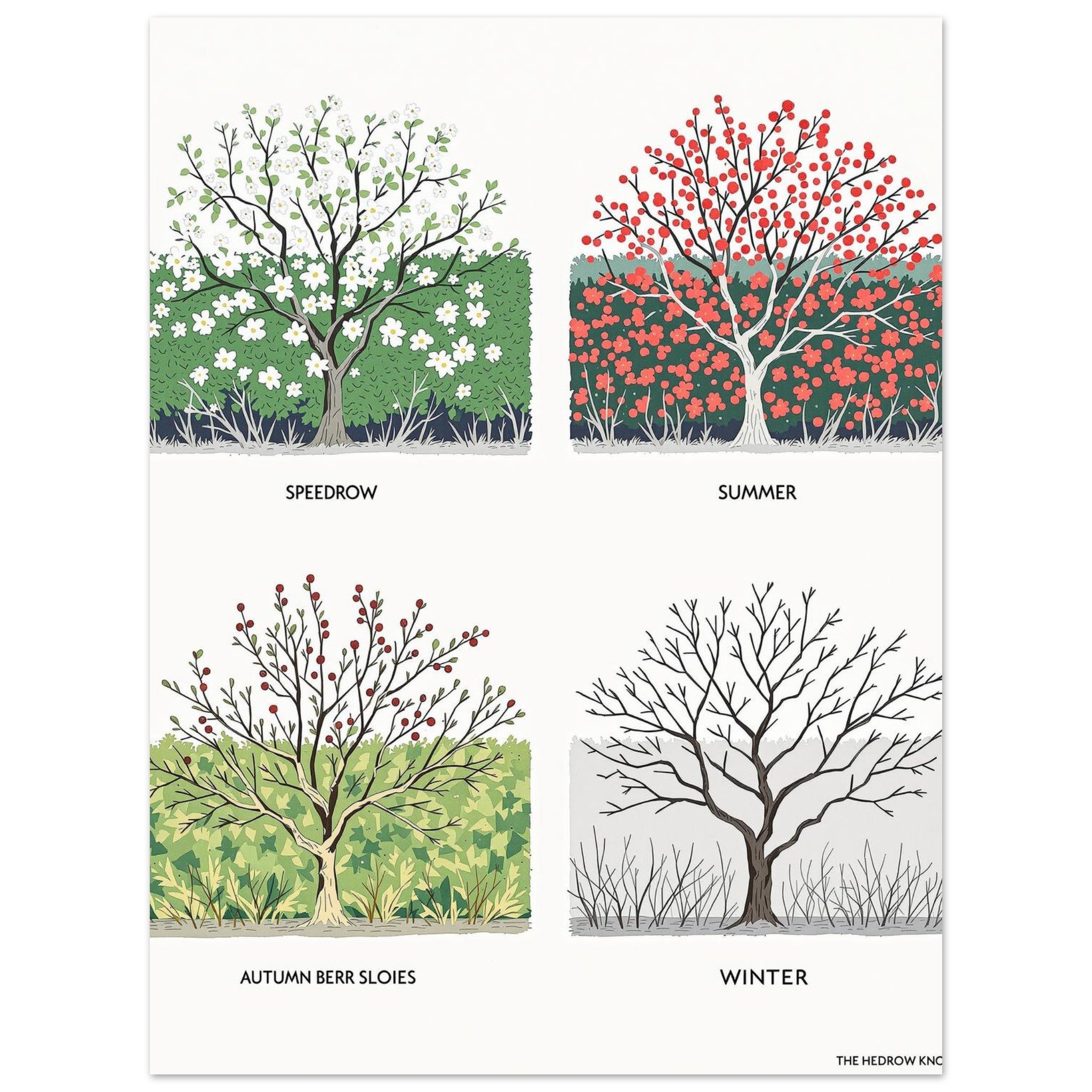 Hedgerow Four Seasons Panel A1 Art Wall Art UK Art Art Print Art Print — detail view | Wild Thread Co
