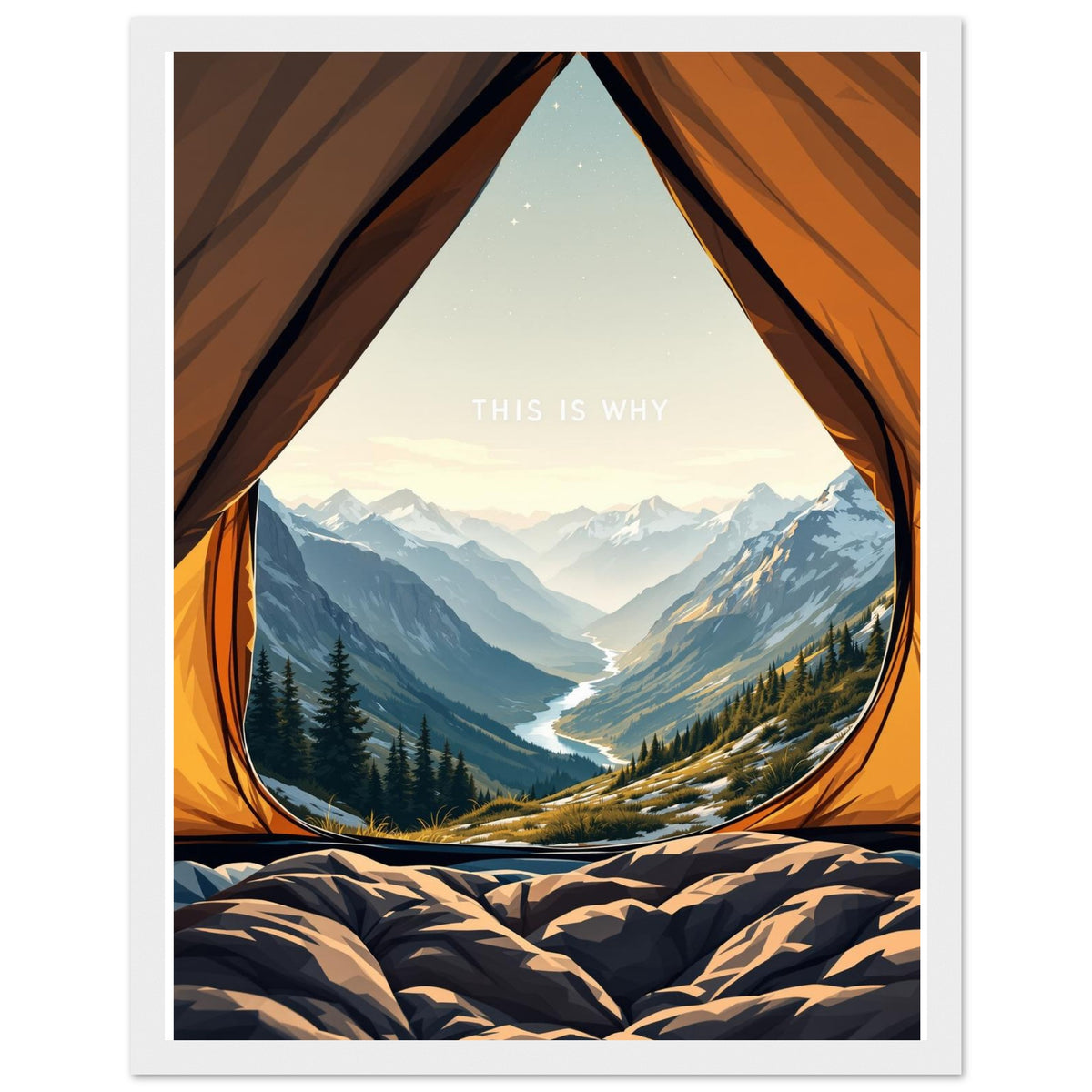 Tent Doorway Mountain Morning Wall Art Ready to Hang UK Gift Framed Framed Art Print — detail view | Wild Thread Co