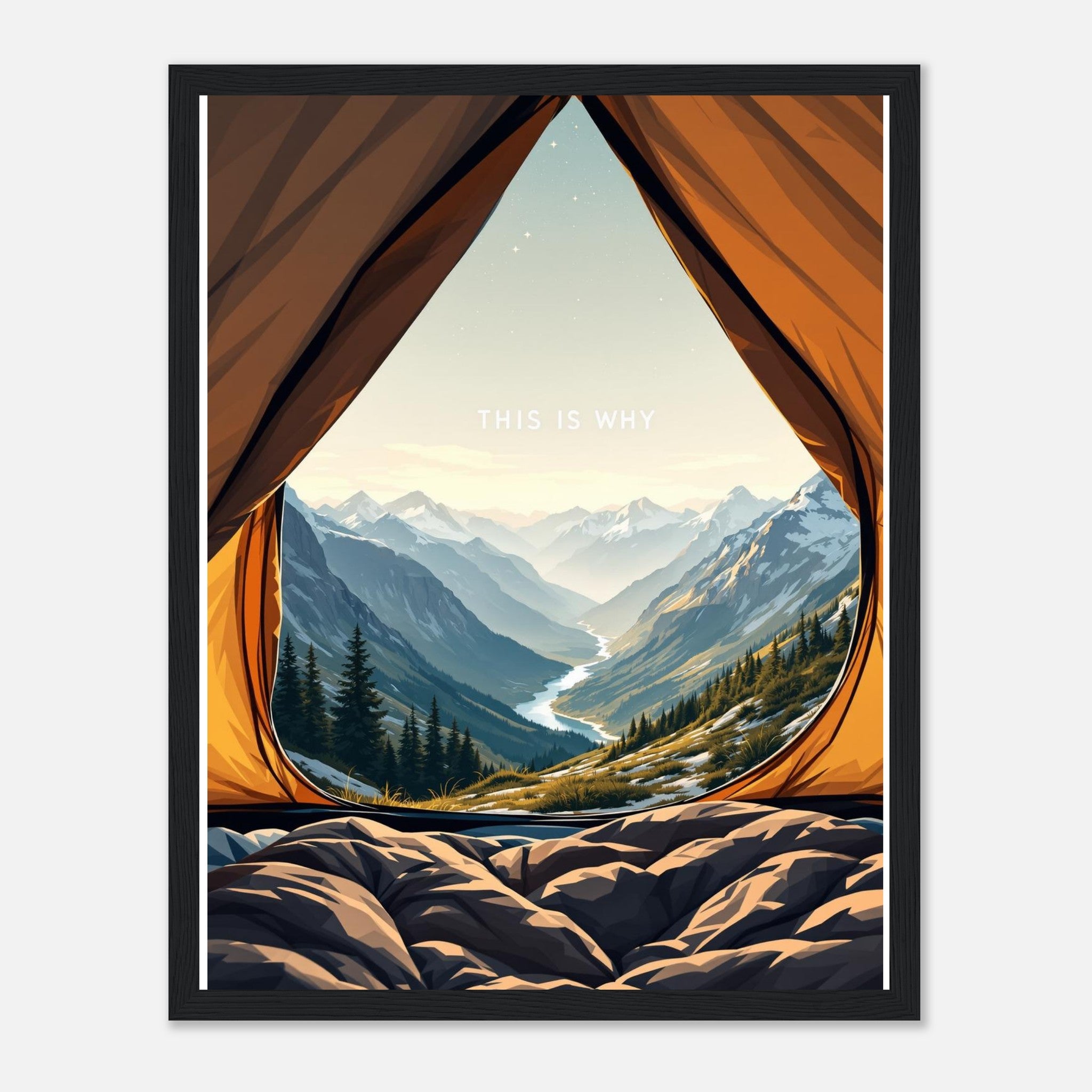 Tent Doorway Mountain Morning Wall Art Ready to Hang UK Gift Framed Framed Art Print — detail view | Wild Thread Co