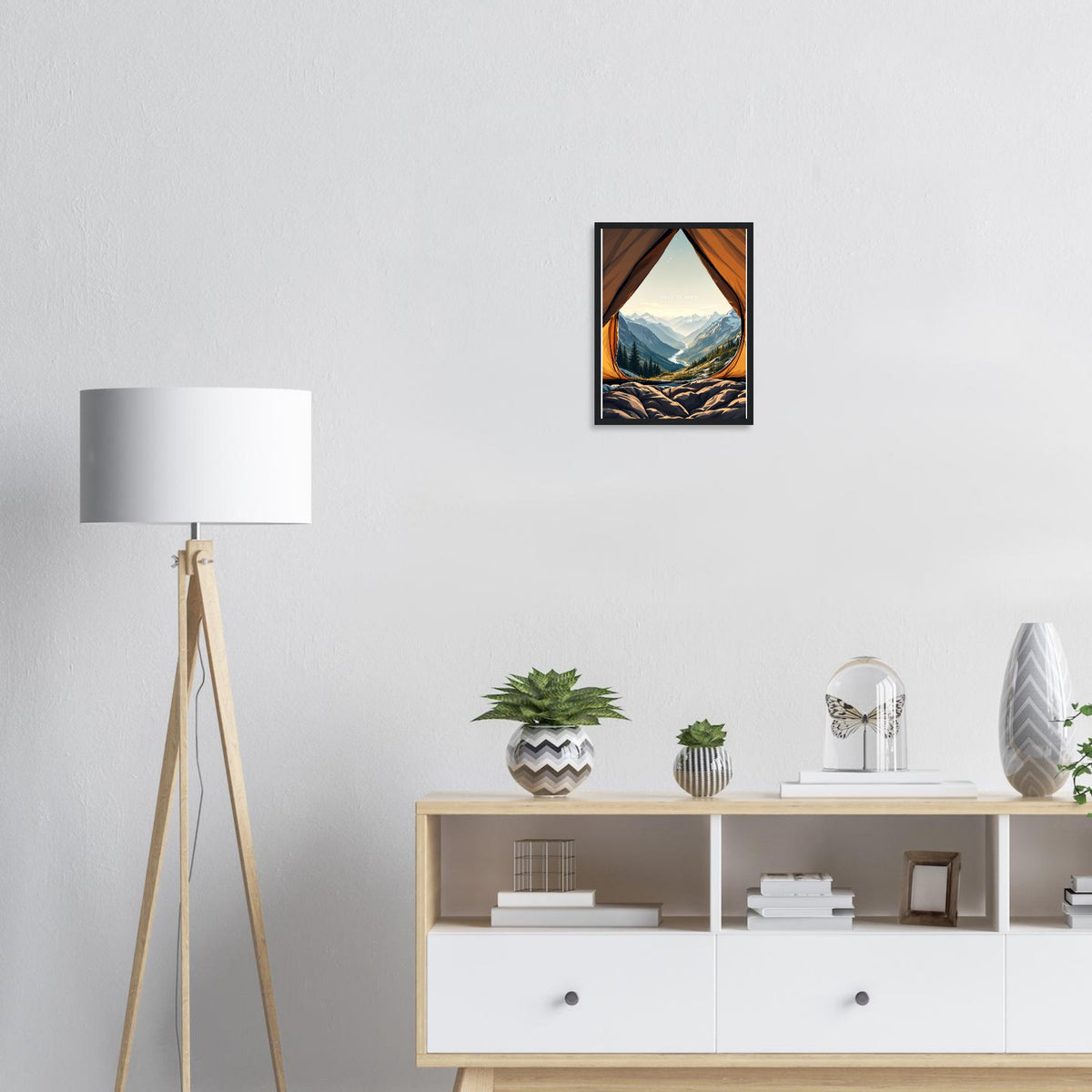 Tent Doorway Mountain Morning Wall Art Ready to Hang UK Gift Framed Framed Art Print — detail view | Wild Thread Co