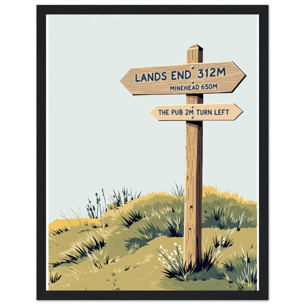 Coastal Path Signpost Humour Framed Print Wall Art Ready to Hang UK Framed Art Print — detail view | Wild Thread Co