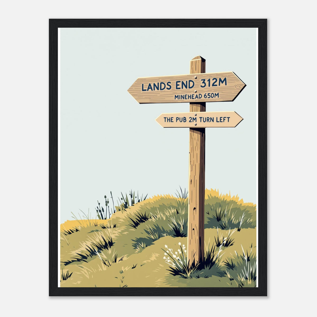Coastal Path Signpost Humour Framed Print Wall Art Ready to Hang UK Framed Art Print — detail view | Wild Thread Co