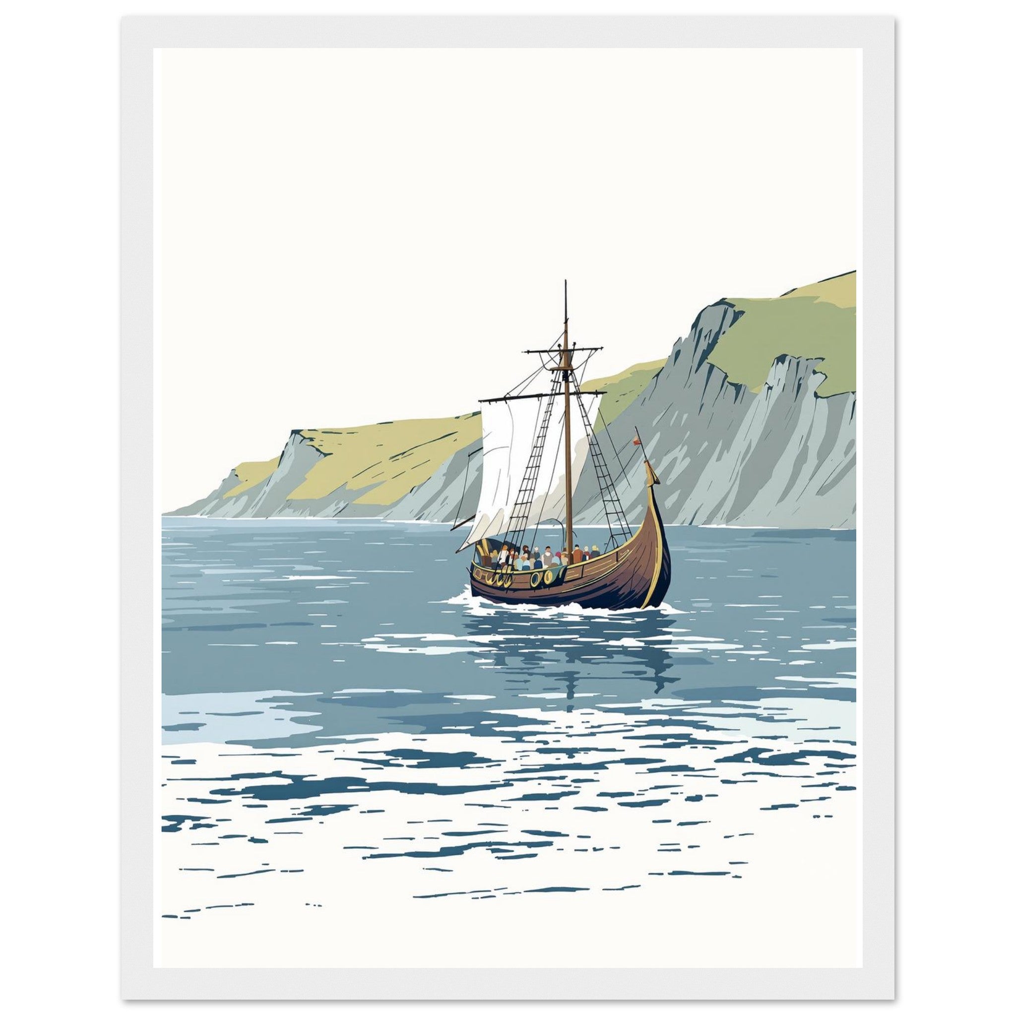 Viking Longship Approaching Britain Framed Print Wall Art Ready to Framed Art Print — detail view | Wild Thread Co