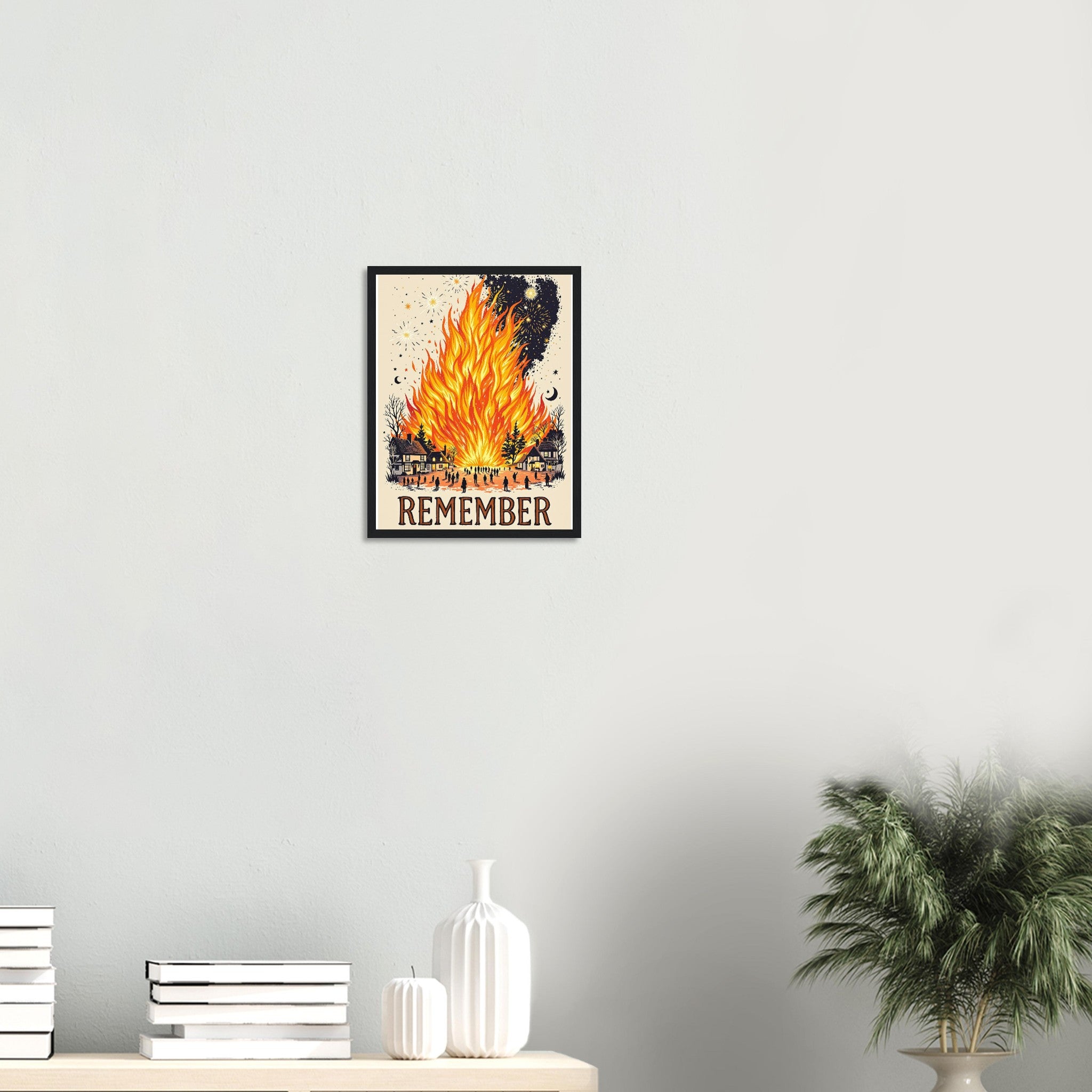 Bonfire Night Village Fire Framed Print Wall Art Ready to Hang UK Framed Art Print — detail view | Wild Thread Co