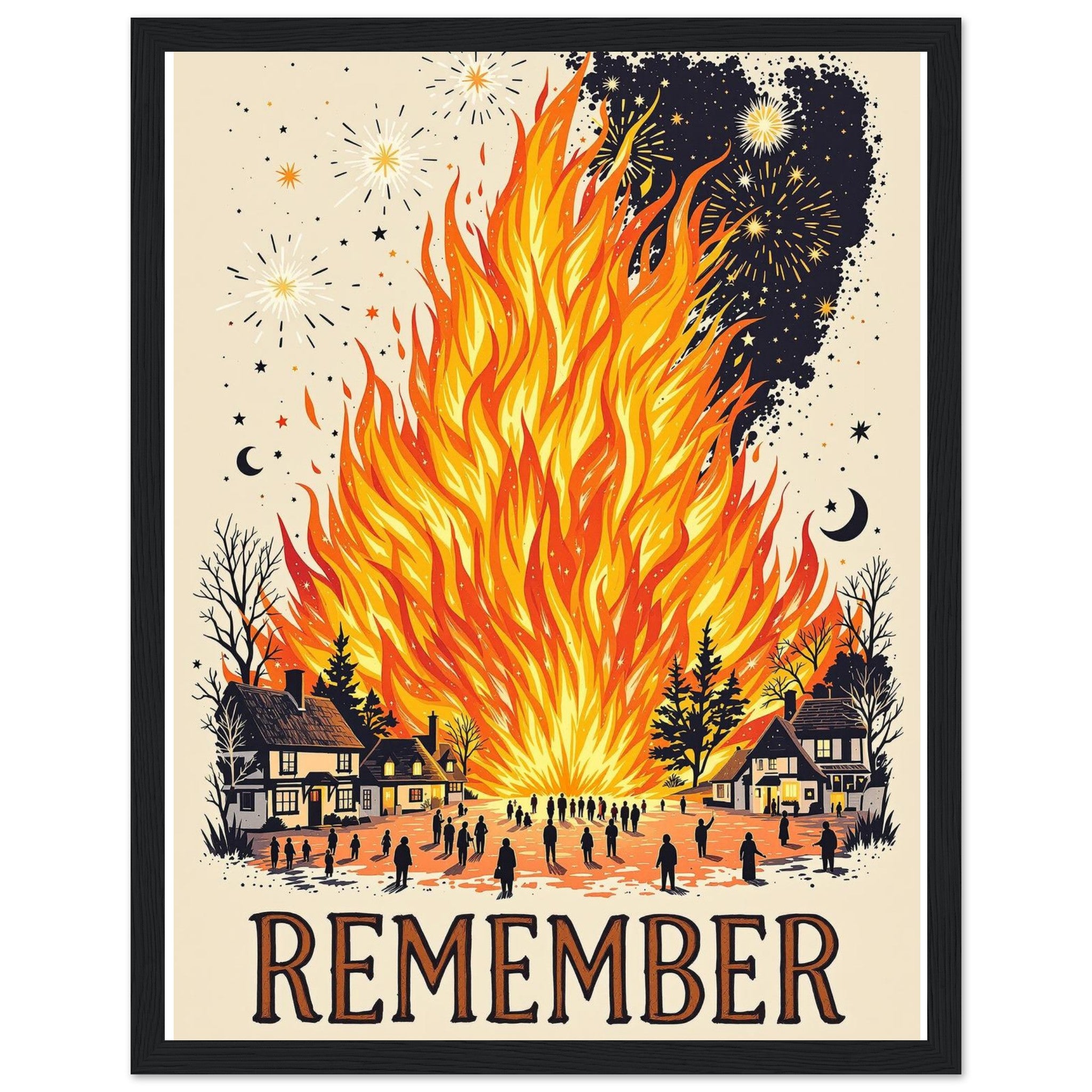 Bonfire Night Village Fire Framed Print Wall Art Ready to Hang UK — Framed Art Print | Wild Thread Co UK