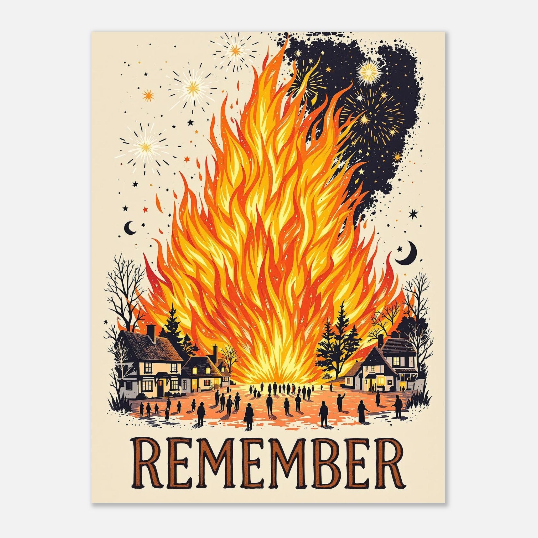 Bonfire Night Village Scene Art Wall Art UK Art UK Gift Art Print Poster Wall Ar Art Print — detail view | Wild Thread Co